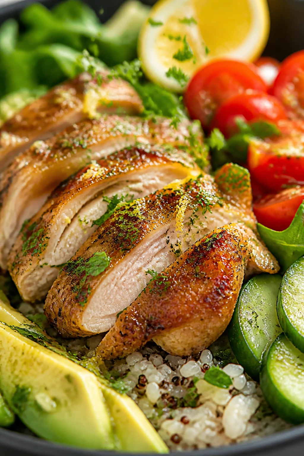 Extreme close-up side angle of the finished Lemon Herb Chicken Bowl focusing on textures: tight crop on the sliced chicken thigh fanned over rice-quinoa, showcasing caramelized edges and juicy interior, with lemon zest and cracked pepper visible. A delicate shower of freshly chopped parsley and dill frozen mid-fall over the chicken and veggies, glints of olive oil dressing shimmering on cucumber and tomato. Avocado slices creamy and intact, arugula peeking through, a blurred lemon wedge in the back. Bright natural light, shallow depth of field, 90–95% food in frame, crisp, vibrant, premium styling consistent with the hero and action shots.