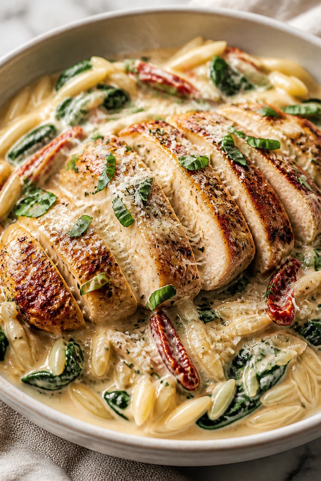 Ultra-close hero shot of a Creamy Tuscan Chicken Bowl: seared golden-brown chicken slices nestled over a fluffy bed of orzo in a shallow cream-colored bowl, drenched in a glossy parmesan cream sauce with visible flecks of garlic; ribbons of wilted spinach and generous julienned sun-dried tomatoes woven through the sauce; a few swirls of sauce pooling around the orzo, finishing with a sprinkle of freshly grated parmesan and a light scatter of chopped fresh basil; bright natural side light, shallow depth of field, creamy warm tones, subtle steam rising, food filling 90â95% of frame, rustic linen and a faint marble surface blurred in the background for premium food-blog styling.