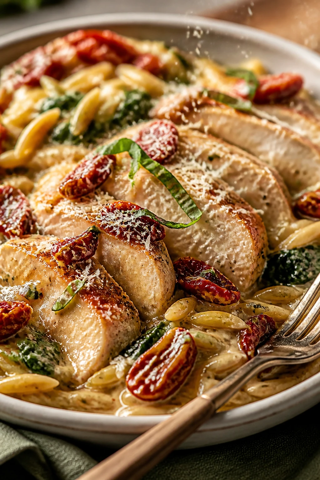 Extreme close-up from a low angle of the same finished bowl focusing on textures: fork resting on the rim (not lifting), showcasing overlapping chicken slices lacquered with creamy sauce, glossy sun-dried tomatoes glistening, wilted spinach peeking through, and orzo catching pools of sauce; a delicate snowfall of freshly grated parmesan caught mid-air over the bowl, a few basil ribbons already landed; bright natural side light, shallow depth of field with bokeh parmesan shavings, warm inviting color palette, food occupying 90â95% of frame, cohesive with the same styling and props as the hero.