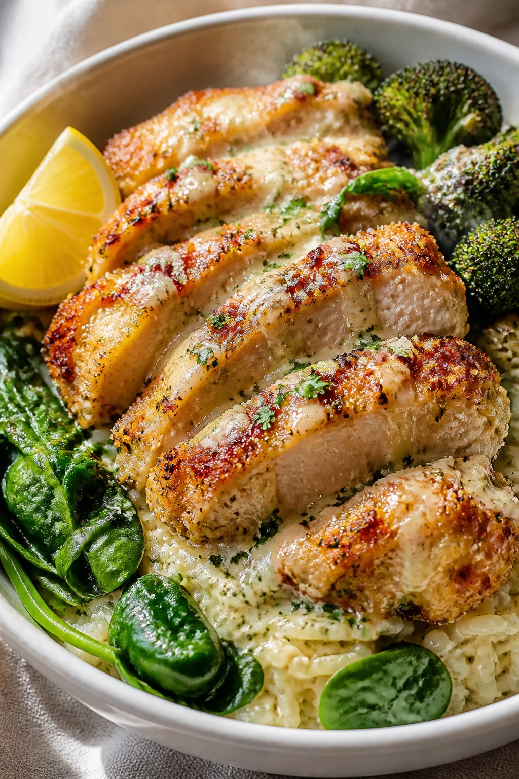 Ultra-close hero shot of a Garlic Parmesan Chicken Bowl: golden, extra-crispy Parmesan-crusted chicken thigh slices piled over fluffy garlic butter rice with a scatter of bright baby spinach and charred broccoli florets, all drizzled with a glossy, creamy garlic-Parmesan sauce; micro-chopped fresh parsley and a light snowfall of finely grated Parmesan on top; a small wedge of lemon tucked to the side for color pop; shallow depth of field, bright natural window light from the left, soft shadows, saturated yet true-to-life colors, steam faintly rising; bowl is a matte off-white ceramic set on a light, neutral linenâfood fills 90â95% of frame, textures crisp and creamy, sauce glistening.