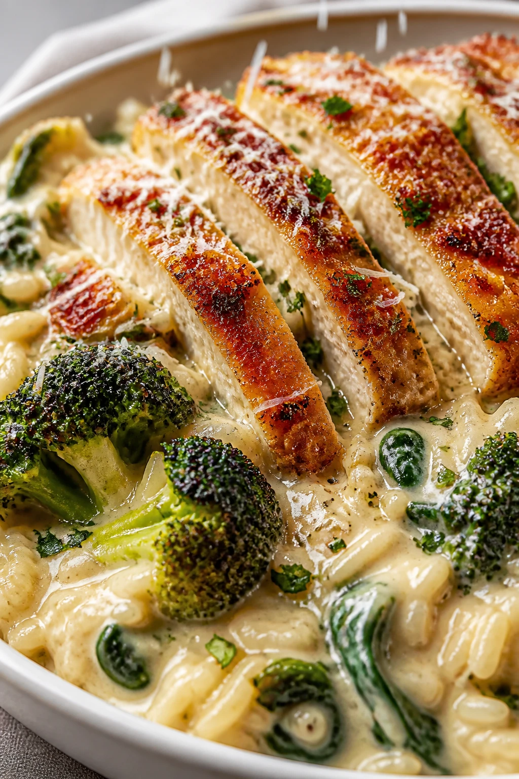Extreme close-up from a lower angle focusing on textures: sliced golden Parmesan-crusted chicken fanned over garlic butter rice with glossy creamy garlic-Parmesan sauce pooled and lightly rippling between grains; charred broccoli florets and a few tender spinach leaves peeking through; ultra-fine grated Parmesan and fresh parsley sprinkled across mid-pour, captured mid-fall in the air; bright natural light, shallow depth of field isolating the saucy, crispy edges, rich contrasting colors, same matte off-white bowl and neutral linenâfood dominates 90â95% of frame, emphasizing crunch, gloss, and cozy creaminess.