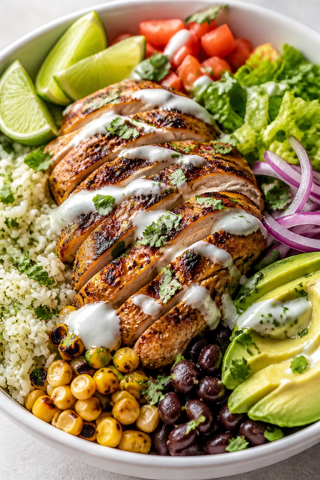 Ultra-close hero shot of a high-protein taco chicken bowl: juicy chipotle-lime seasoned grilled chicken thigh pieces sliced and fanned over warm cilantro-lime rice, black beans, sweet charred corn, diced ripe tomatoes, crisp romaine ribbons, thin red onion, creamy avocado slices, and a glossy drizzle of tangy yogurt-lime crema, sprinkled with fresh chopped cilantro and a few lime wedges tucked at the rim. Food fills 90â95% of frame in a matte white shallow bowl on a neutral light stone surface. Bright natural side lighting, shallow depth of field highlighting the glistening chicken and crema, vibrant saturated colors, minimal props, premium food-blog styling, no text.