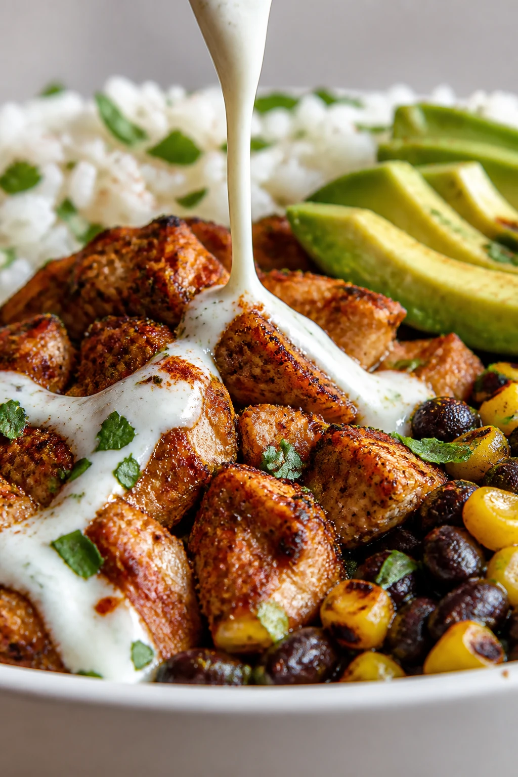 Extreme close-up angle from bowl rim level focusing on texture: seared chicken pieces with caramelized edges and visible spice rub, beads of juice on the surface; glossy black beans and charred corn nestled beside fluffy cilantro-lime rice; avocado slices with fine salt crystals; a slow drizzle of yogurt-lime crema mid-pour forming a silky ribbon over the chicken, finishing with a sprinkle of chopped cilantro and a dash of chili powder. Bright natural lighting, shallow depth of field for creamy bokeh, neutral background, food taking 90â95% of the frame, cohesive with the same finished recipe as images 1 and