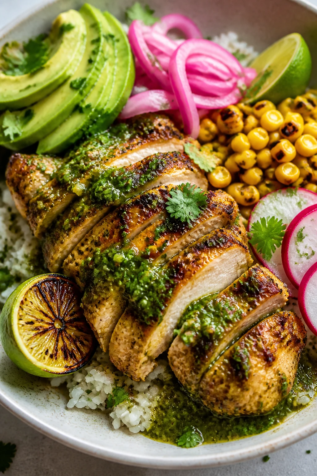 Ultra-close hero shot of a Salsa Verde Chicken Bowl: sliced juicy grilled chicken thighs glazed in glossy green salsa verde, over fluffy white rice with a squeeze of charred lime, topped with creamy avocado slices, quick-pickled red onions, charred corn kernels, fresh cilantro leaves, and a few radish slices; extra spoonfuls of herby salsa verde pooling around the chicken, a lime wedge on the rim of the bowl. Bright natural side light, shallow depth of field, matte ceramic bowl on a light neutral surface with minimal crumbs and flecks of cilantro, vibrant greens and pinks popping, food filling 90â95% of frame, premium food-blog style, no text on image.