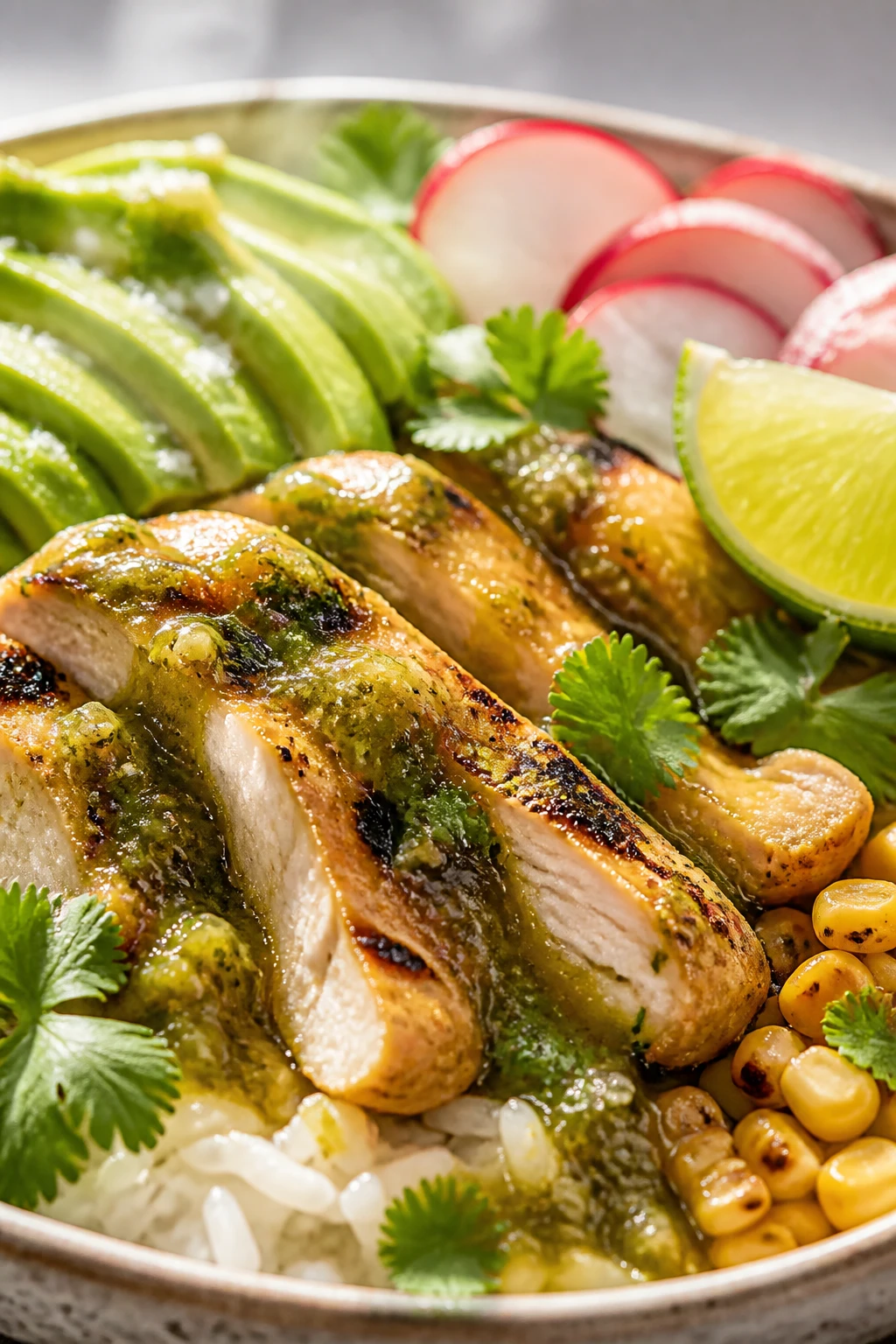 Extreme close-up from a lower angle of the same finished bowl focusing on textures: glistening salsa verde pooling and dripping down tender chicken slices, grains of steamy white rice peeking through, creamy avocado fan dusted with flaky salt, crisp radish slices, charred corn, scattered cilantro leaves, and a wedge of lime with visible juice beads. Bright natural backlight to highlight gloss and steam, shallow depth of field, soft neutral background, food filling 90â95% of frame, cohesive with the other shots, no text on image.