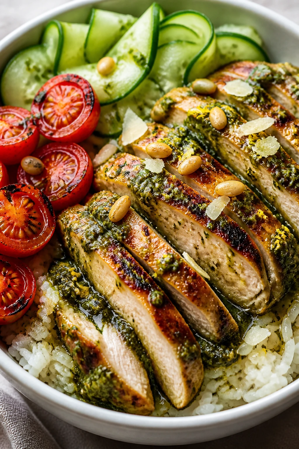 Ultra close-up hero shot of a Pesto Chicken Bowl: juicy grilled chicken breast sliced into thick strips, glossed with vibrant basil pesto, nestled over fluffy white rice with a side of charred cherry tomatoes and thin cucumber ribbons; garnished with shaved Parmesan, toasted pine nuts, and a spritz of lemon zest. Bright natural window light from the left, soft shadows, shallow depth of field with focus on the glossy pesto-coated chicken, rice grains and cucumbers softly blurred behind. Bowl fills 90â95% of frame, neutral linen beneath, white ceramic bowl, colors popping: deep green pesto, golden sear on chicken, ruby tomatoes, cool cucumber. Premium food-blog styling, no text, no hands.