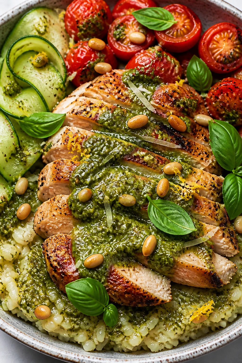 Tight macro angle from slightly overhead: the same finished Pesto Chicken Bowl with pesto spooned over warm sliced chicken, pooling into the rice. Emphasize texturesâjuicy sear marks on chicken, creamy-slick pesto with visible basil flecks, grated Parmesan melting at the edges, toasted pine nuts scattered, fresh basil leaves and lemon zest sparks on top. Charred cherry tomatoes burst slightly, cucumber ribbons layered along the side. Bright natural lighting, shallow depth of field focused on the pesto sheen and chicken fibers, bowl filling 90â95% of frame, cohesive styling matching images 1 and