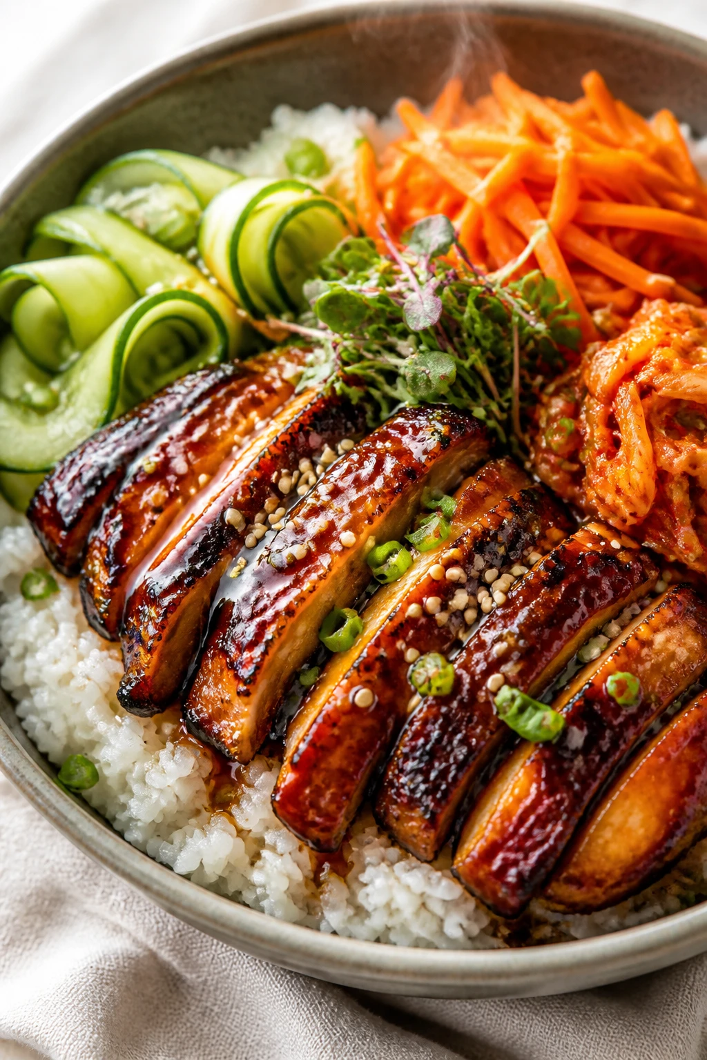 Ultra-close hero shot of a Korean BBQ chicken bowl styled for a premium food blog: glossy, char-grilled sliced chicken thighs lacquered in a deep mahogany gochujang-soy glaze over fluffy white rice, with neatly fanned cucumber ribbons, julienned carrots, sliced scallions, a small mound of bright-red kimchi, and a sprinkle of toasted sesame seeds and microgreens; a drizzle of sesame oil sheen visible on the chicken; vibrant colors, high contrast, bright natural window light from the left, shallow depth of field isolating the bowl; neutral matte ceramic bowl and light linen backdrop; steam subtly rising from the rice; food fills 90–95% of frame, no text, no hands.