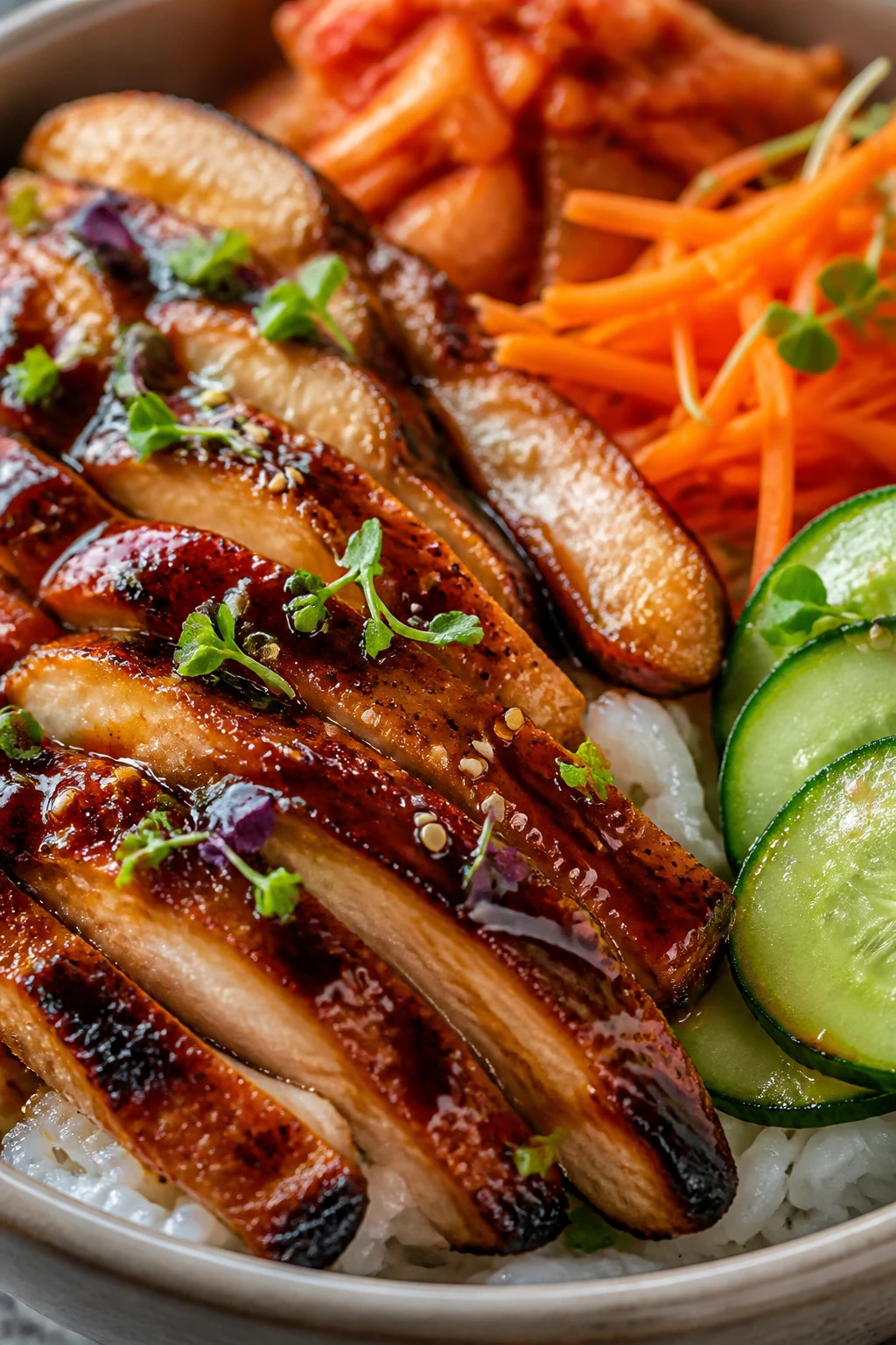 Extreme close-up from a low angle focusing on texture and gloss: the same finished bowl with chicken slices arranged in overlapping layers showing caramelized edges and sticky shine, tiny blisters from the grill, rice peeking through, cucumbers beaded with condensation, crisp julienned carrots, vivid kimchi, and a final drizzle trail of glaze across the chicken; sesame seeds and microgreens scattered; bright natural lighting, shallow depth of field with creamy bokeh, neutral props matching the first images; steam subtly rising; food dominates 90–95% of the frame, no text, no hands.