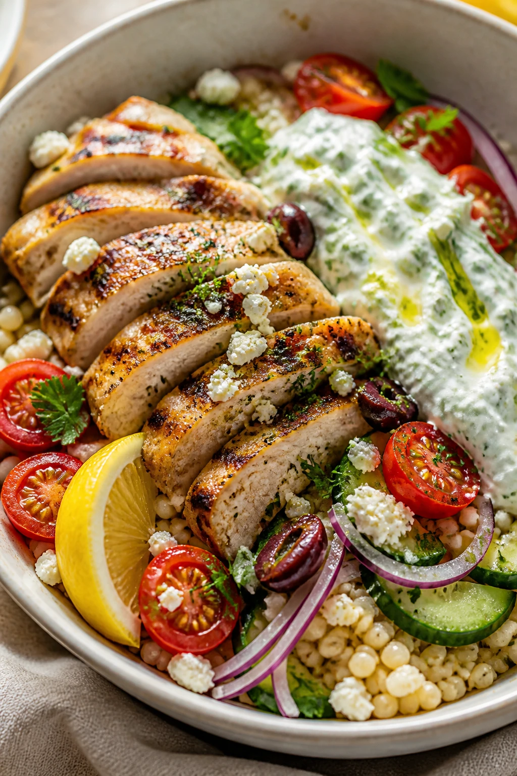 Ultra-close hero shot of a vibrant Greek chicken bowl filling 90â95% of the frame: juicy lemon-garlic grilled chicken thighs sliced and fanned over fluffy pearl couscous, with glossy cherry tomatoes (halved), crisp cucumber half-moons, thinly sliced red onion, Kalamata olive halves, chopped fresh parsley and dill, crumbled feta, and a generous swoop of creamy tzatziki; a bright squeeze of lemon glistening on the chicken and a light drizzle of extra-virgin olive oil over everything. Shot in bright natural window light with shallow depth of field, premium food-blog styling, rustic white ceramic bowl on a muted linen, warm neutral background bokeh, emphasis on char on chicken, glossy tomatoes, cool tzatziki swirl, and vibrant Greek colors consistent across all images.