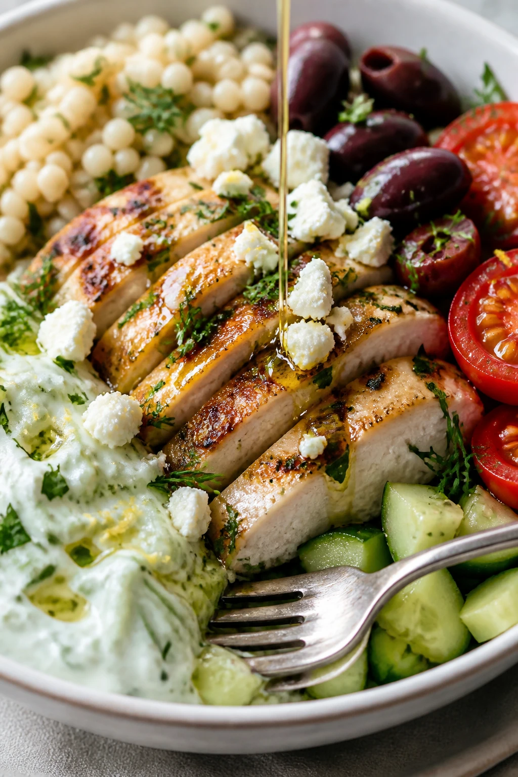Macro close-up from a different angle focusing on textures: the same finished Greek chicken bowl tightly framed so the food fills 90â95% of the imageâfork resting in the bowl, chicken slices showing caramelized edges and juicy interior, tzatziki swirled with fine cucumber threads and lemon zest, couscous pearls distinct and fluffy, tomatoes beaded with moisture, cucumber crisp, feta crumbles and Kalamata olives glossy, fresh parsley and dill sprinkled on top. A final thin stream of golden olive oil just finishing its drizzle across the chicken and feta, bright natural side light, shallow depth of field, clean ceramic and muted linen backdrop matching the hero for a cohesive shoot.