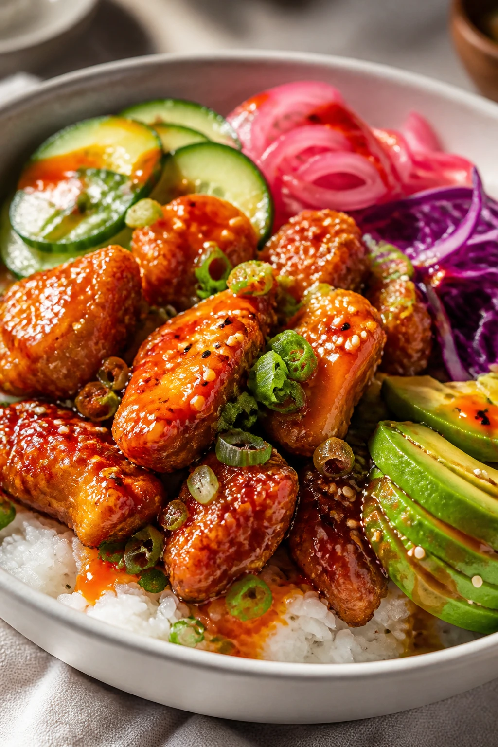 Ultra-close-up hero shot of a Hot Honey Chicken Bowl: glossy, crispy bite-sized chicken pieces lacquered in a sticky hot honey glaze piled over fluffy jasmine rice, surrounded by cool crunchy toppingsâthinly sliced cucumbers, quick-pickled red onions, finely shredded purple cabbage, and avocado slicesâfinished with a drizzle of extra hot honey and a scatter of toasted sesame seeds and chopped green onions. Vibrant orange-red glaze gleams on the chicken, steam subtly rising from the warm rice. Bright natural window light from the left, shallow depth of field, matte ceramic bowl in neutral off-white with a light linen underneath, minimal props blurred in the background. Food fills 90â95% of the frame, textures crisp and juicy, colors saturated and clean.