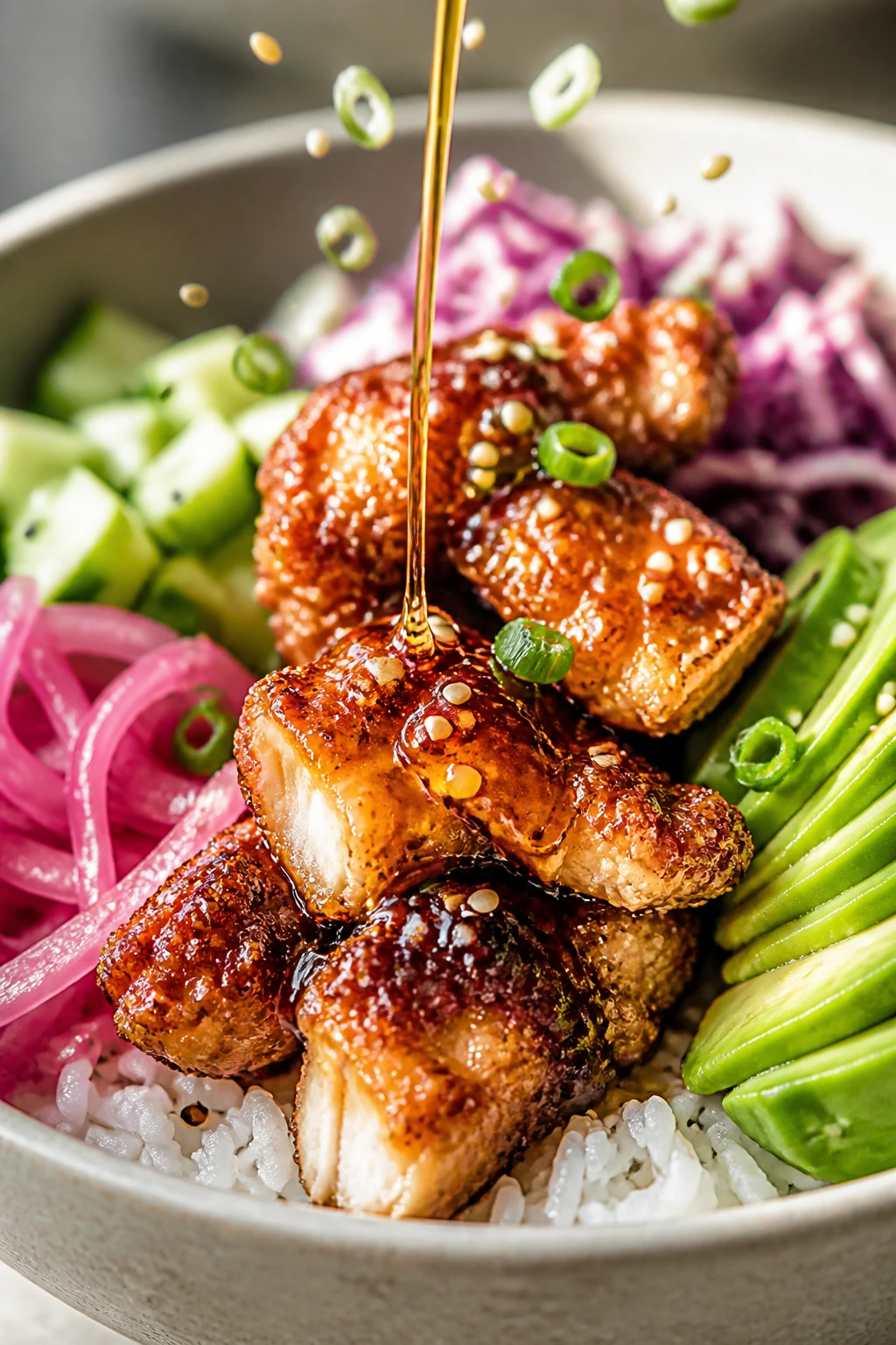 Macro close-up from a low 3/4 angle of the same finished Hot Honey Chicken Bowl, focusing on juicy textures: caramelized, craggy-crisp chicken pieces coated in a fiery amber hot honey glaze with micro-beads of sauce catching the light; individual rice grains visible and steamy; cool elementsâcucumber, pickled red onion curls, and cabbageâadding crunch and contrast; avocado fanned on the side. A final drizzle of hot honey is frozen mid-thread across the chicken, with a few sesame seeds and green onion slices falling in midair. Bright natural lighting, shallow depth of field, neutral ceramic bowl, minimal background blur, food filling 90â95% of the frame, rich, fresh, irresistible.