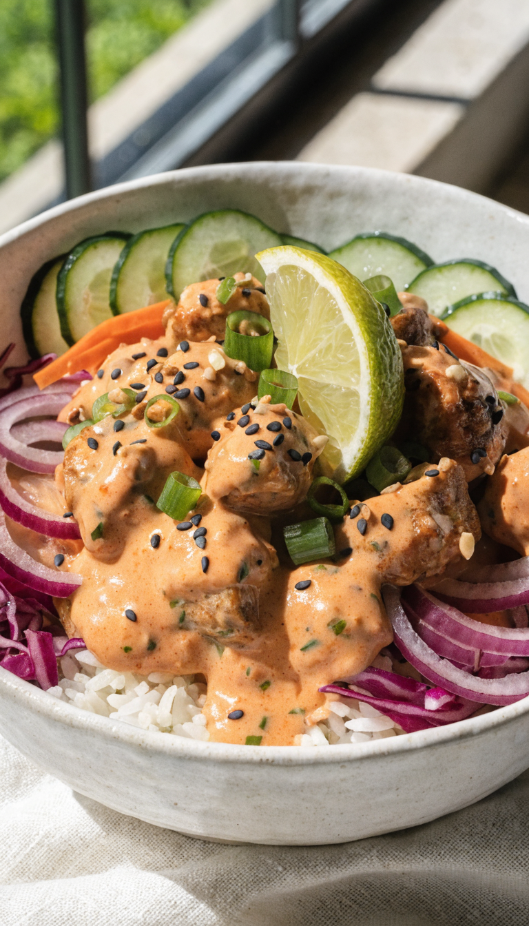 Ultra-close hero shot of a Bang Bang Chicken Bowl: glossy bite-sized grilled chicken tossed in creamy orange-pink bang bang sauce piled over fluffy white jasmine rice, with crisp sliced cucumbers, quick-pickled carrots and red onions, thinly shredded purple cabbage, and a sprinkle of toasted sesame seeds and crushed peanuts; drizzles of extra sauce pooling and clinging to the chicken, bright lime wedge and finely chopped green onions for pop; vibrant colors, high contrast, bright natural window light, shallow depth of field, matte ceramic off-white bowl on a light neutral linen; food fills 90â95% of frame, same arrangement across images.