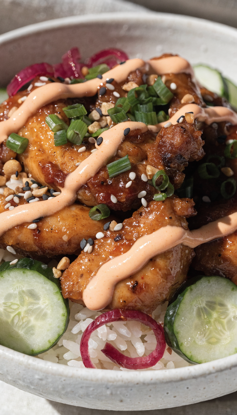 Extreme macro angle from bowl rim level: focus on a mound of saucy chicken resting on rice with a fresh drizzle of bang bang sauce zigzagging across, beads of moisture on crisp cucumber slices, glossy pickled red onion curls, crushed peanuts and black-and-white sesame seeds scattered, micro-chopped green onions sprinkled like confetti; light catching the sauce sheen and chicken char edges; bright natural lighting, shallow depth of field, matte off-white bowl and neutral linen backdrop, food fills 90â95% of frame, identical styling as image