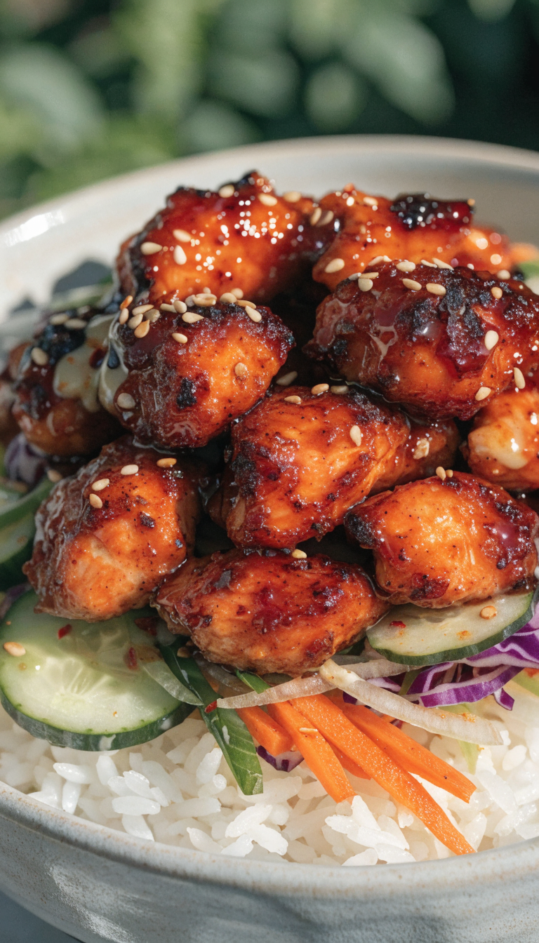 Ultra-close hero shot of a Firecracker Chicken Bowl: glossy, crispy bite-sized chicken glazed in a sticky-sweet spicy firecracker sauce piled over fluffy white jasmine rice, nestled with crisp rainbow veggies—thinly sliced cucumbers, shredded purple cabbage, matchstick carrots, and bright green onions—finished with a scatter of toasted sesame seeds and a light drizzle of creamy tangy mayo-sriracha over the chicken. Bowl fills 90–95% of frame, no text, no hands. Bright natural side lighting, shallow depth of field, sauce sheen and steam subtly visible, premium food-blog styling on a neutral matte bowl with a few sesame seeds and flecks of chili clinging to the chicken for texture consistency across all images.