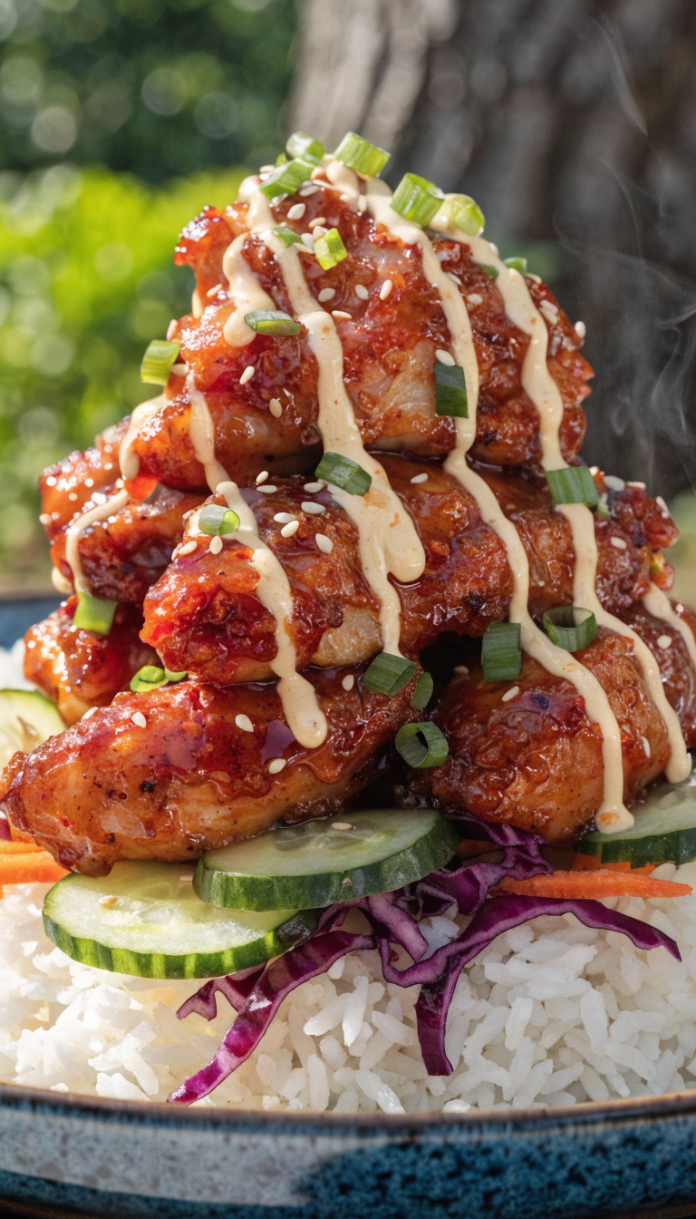 Extreme close-up from a slightly lower angle focusing on texture: a mound of the same firecracker chicken glistening with sticky-spicy glaze on fluffy jasmine rice, crispy craggy edges on the chicken highlighted, tangy mayo-sriracha drizzle zigzagging lightly, fresh green onions and sesame seeds sprinkled on top, with crunchy veggies (cucumber, purple cabbage, carrots) peeking in at the edges for color contrast. Steam gently visible, sauce pooling in glossy highlights. Bright natural light, shallow depth of field, 90–95% frame filled, rich saturated colors, cohesive styling to match the other images.