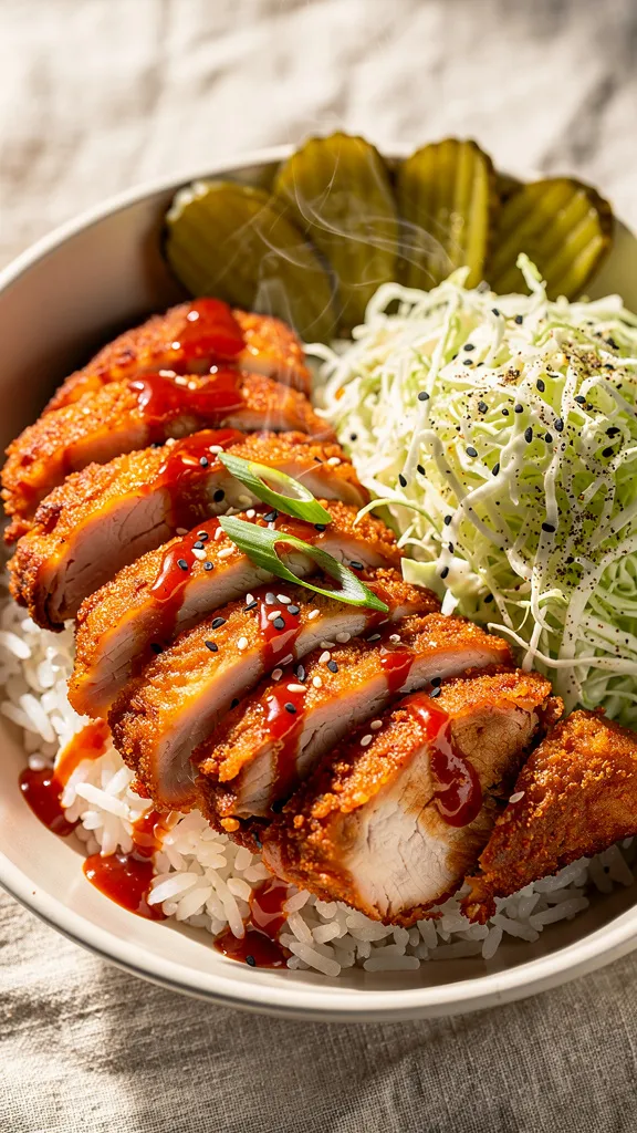 Extreme close-up hero shot of a Nashville Hot Chicken rice bowl: crispy, deep-golden chicken thighs sliced into thick strips with a crackly cayenne crust, glistening with fiery red Nashville hot oil; nestled over fluffy white jasmine rice; piled with creamy pale-green cabbage slaw with visible flecks of black pepper; thin crinkle-cut dill pickles fanned along the rim; a glossy drizzle of spicy red oil zig-zagging across the chicken and rice; a few fresh green onion slices and sesame seeds scattered for contrast. Shot in bright natural window light, shallow depth of field, premium food-blog styling on a matte off-white ceramic bowl, neutral linen beneath, background softly blurred. Food fills 90â95% of frame, textures crisp and saturated, steam faintly visible from the rice.