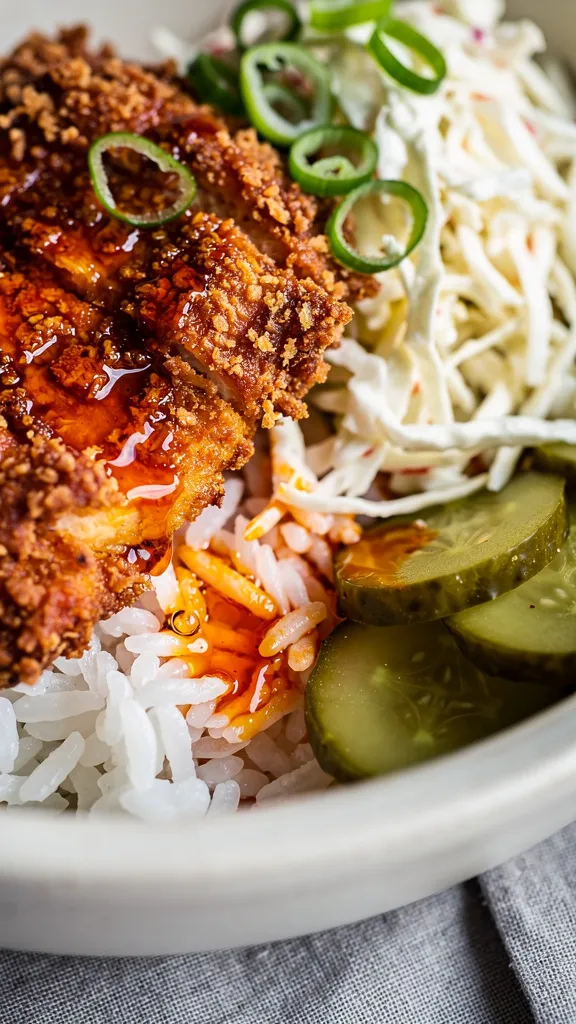 Macro angled close-up from the opposite side of the same bowl: focus on the chickenâs jagged, ultra-crispy crust and the lacquered sheen of Nashville hot oil pooling in tiny rivulets over the rice; creamy slaw mounded slightly to the back with visible shredded cabbage texture; pickle slices tucked along the edge, a few green onion rings perched on top. Light oil drizzle freshly applied, catching highlights; rice grains distinct and fluffy. Bright natural light, shallow depth of field, minimal props, matte off-white bowl on a soft gray linen. Food fills 90â95% of frame, emphasizing crunchy edges, glossy sauce, vibrant greens, and cohesive premium styling.