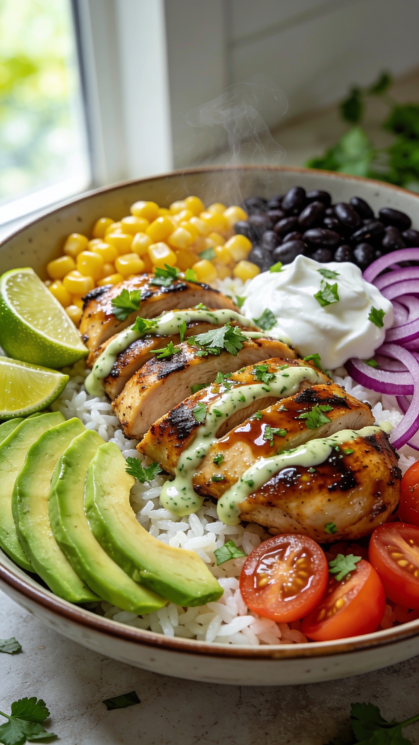Ultra close-up hero shot of a Cilantro Lime Chicken Rice Bowl: glossy, char-grilled chicken thighs sliced into juicy strips, brushed with a light cilantro-lime-garlic glaze; fluffy white rice as the base; fresh avocado slices fanned on one side; sweet corn kernels and black beans tucked into separate sections; thinly sliced red onion, halved cherry tomatoes, and a dollop of cool sour cream/Greek yogurt; generous sprinkle of chopped cilantro and a few lime wedges tucked in; a light drizzle of creamy cilantro-lime sauce across the chicken and rice; bright natural window light from the left, shallow depth of field, vibrant greens and sunny yellows popping, steam faintly rising from the rice; 90â95% of the frame filled with the bowl, shot at a 45-degree angle for premium food-blog styling, no text, no hands.