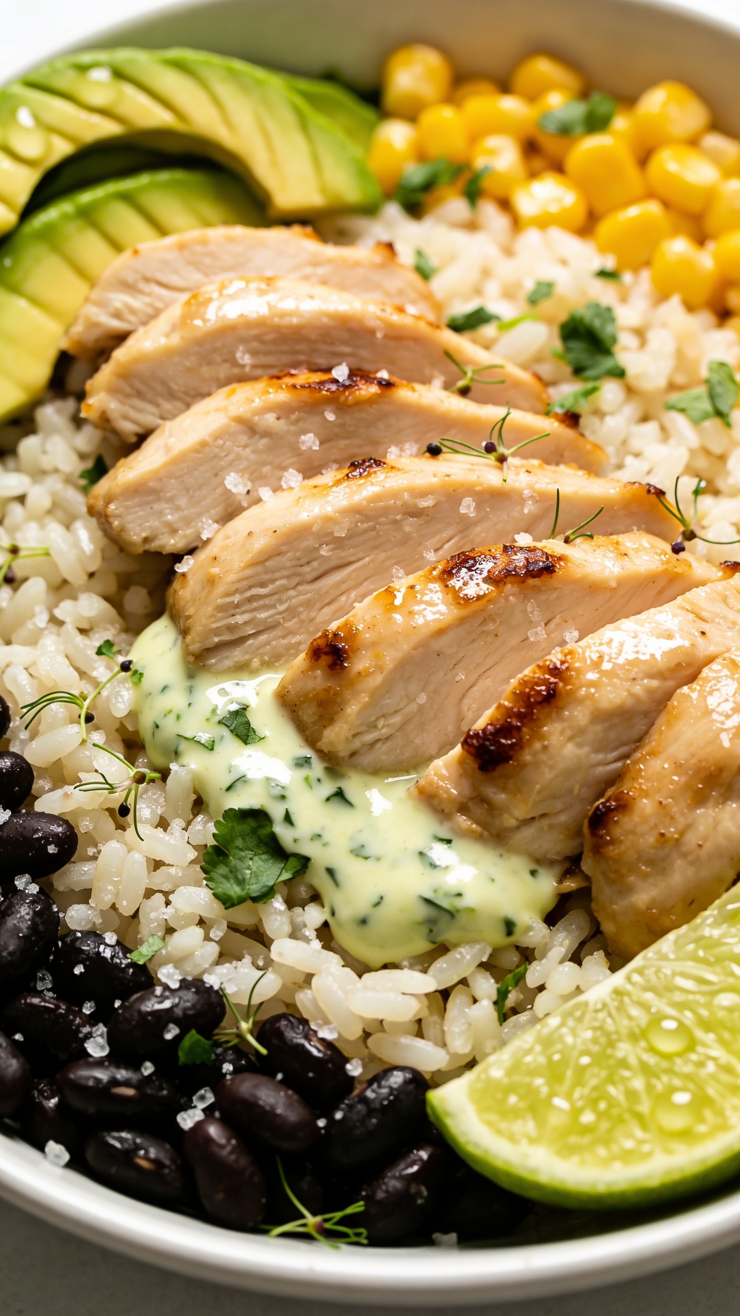 Extreme close-up top-down detail of the same finished bowl focusing on textures: glistening sliced chicken fanned over rice with tiny blistered edges, creamy cilantro-lime drizzle pooling slightly between grains, scattered chopped cilantro and micro-sprinkles of coarse salt, black beans and corn peeking along the edge, avocado slices with visible ripples, a lime wedge with dewy droplets; bright natural light, shallow depth of field isolating the center, vibrant, clean styling, 90â95% of the frame filled with food, cohesive look with the other images.