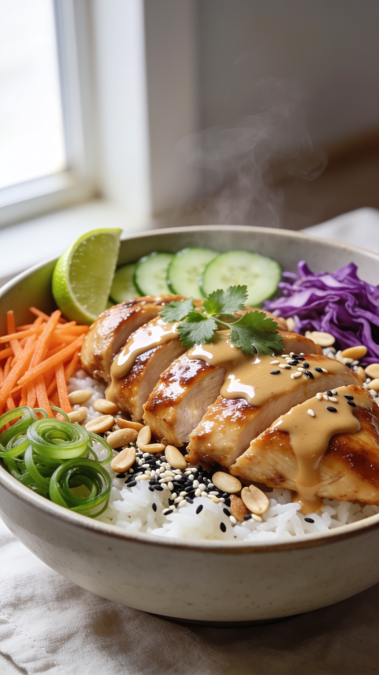 Ultra-close hero shot of a Thai peanut chicken rice bowl: glossy sliced chicken thighs lacquered in silky peanut sauce over fluffy white jasmine rice, ringed with crisp fresh toppingsâjulienned carrots, thin cucumber half-moons, bright purple cabbage, scallion curls, and a scatter of toasted peanuts and black-and-white sesame seeds; a lime wedge nestled at the rim; extra peanut sauce pooled and lightly drizzled across the chicken, catching highlights; a few cilantro leaves on top for pop; warm steam subtly rising; bright natural window light from the left, soft fill from the right; shallow depth of field with the front edge of saucy chicken and rice in razor focus; neutral matte ceramic bowl on a light linen, background softly blurred; 90â95% of frame filled with the bowl.
