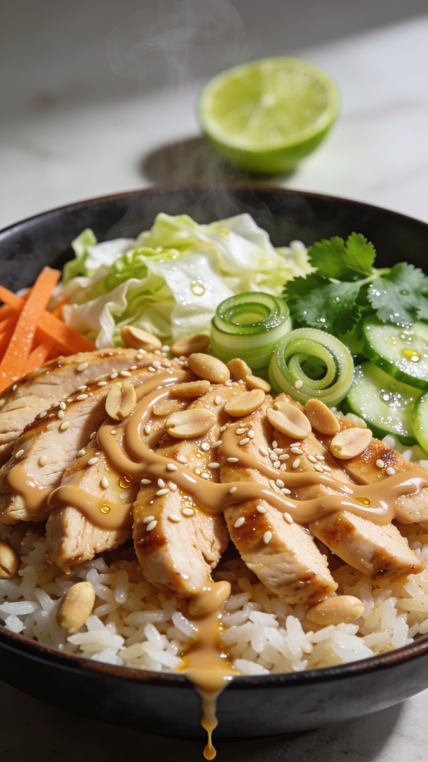 Macro close-up from a low 3/4 angle of the same finished bowl focusing on textures: saucy chicken slices fanned over rice with a glossy peanut sauce swirl, toasted peanuts and sesame seeds dotting the surface, micro-beads of oil sheen catching light; crisp cabbage and carrot edges visibly fresh and hydrated, cucumber dewy, scallion curls bright, cilantro leaves vivid; a lime wedge slightly out of focus in the back; tiny rivulet of sauce trailing into the rice; steam faintly rising; bright natural lighting with soft shadows, shallow depth of field isolating the front cluster of chicken and rice; 90â95% of frame consumed by the bowl, consistent styling and props with the other images.