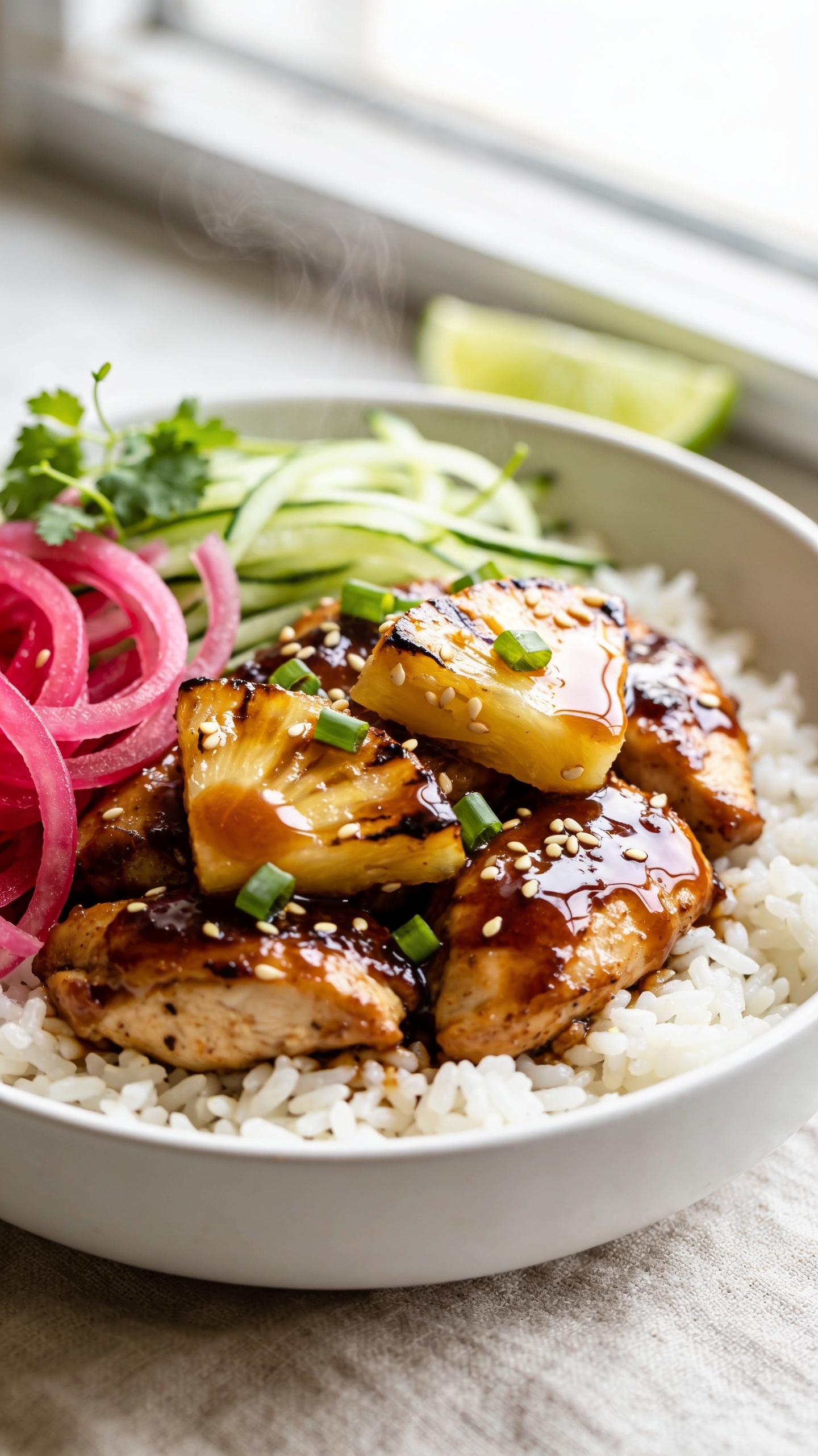 Ultra close-up hero shot of a Hawaiian Chicken Rice Bowl: glossy teriyaki-glazed chicken thigh pieces, charred caramelized pineapple wedges, and fluffy white jasmine rice as the base, topped with thinly sliced green onions, toasted sesame seeds, and a drizzle of shiny brown-sugarâsoyâpineapple glaze. Add bright pickled red onions and thin cucumber ribbons tucked to one side for color. Garnish with micro cilantro and lime wedge in the background blur. Food fills 90â95% of frame in a matte white shallow bowl on a light linen, bright natural window light, shallow depth of field, crisp textures on chicken, sticky glaze reflections, steam subtly rising, premium food-blog styling. Keep the same arrangement and ingredients for all images.