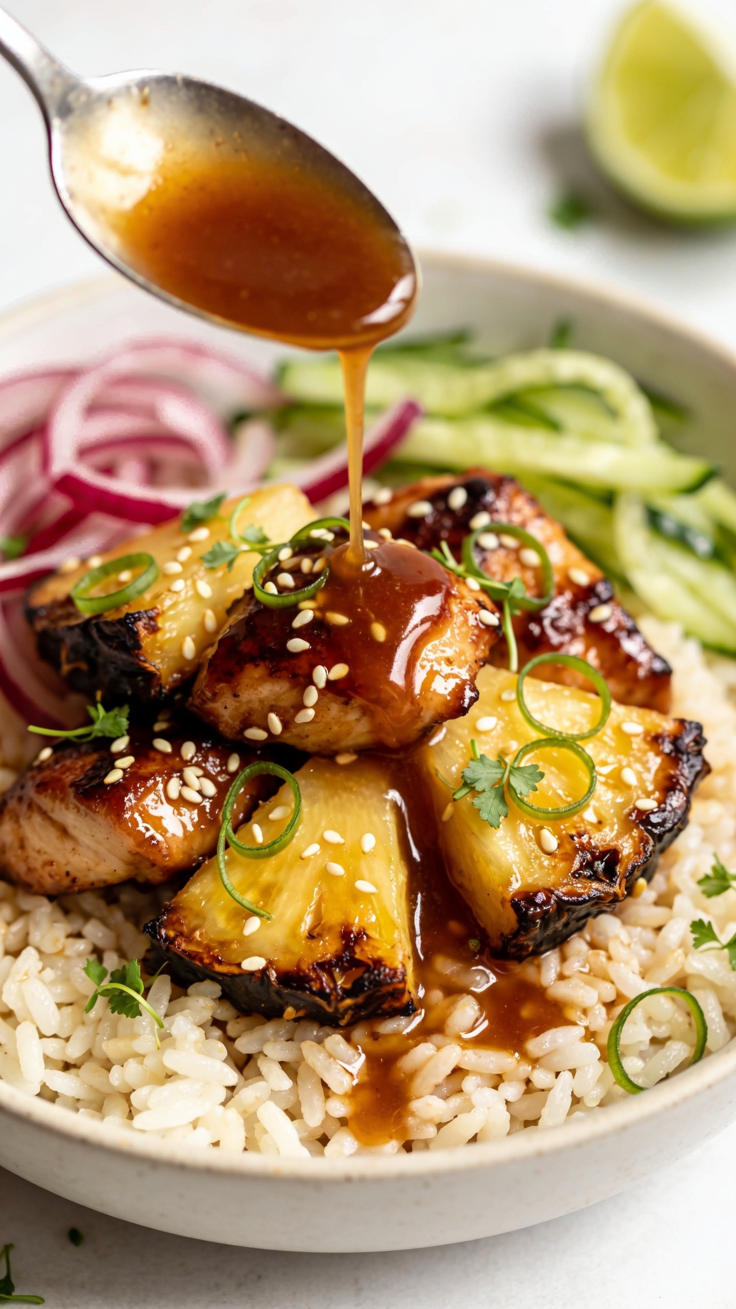 Tight macro angle from slightly overhead: focus on a cluster of the same glossy teriyaki chicken nestled on fluffy rice with charred pineapple edges caramel-browned, sesame seeds scattered, thin green onion curls, micro cilantro. Capture a slow spooned drizzle of the brown-sugarâsoyâpineapple glaze flowing over the chicken, pooling in the rice, highlighting sticky shine and juicy texture. Pickled red onions and cucumber ribbons peek from the bowlâs edge, lime wedge softly blurred. Bright natural light, shallow depth of field, 90â95% of frame filled with food, cohesive styling matching Images 1 and