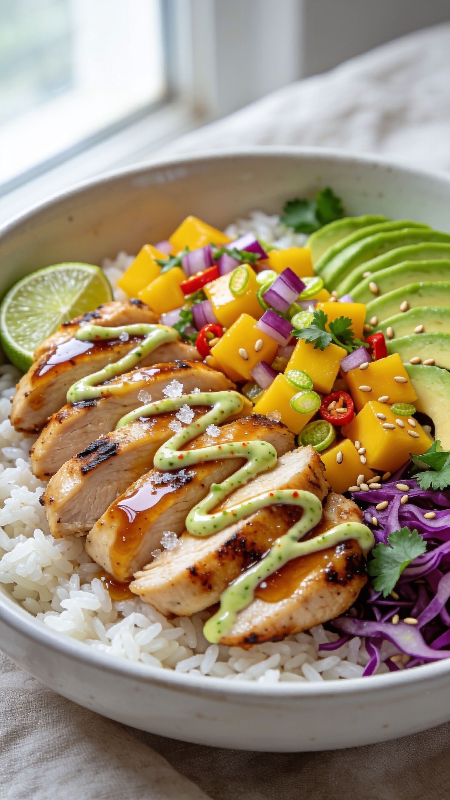 Ultra-close hero shot of a Mango Salsa Chicken Rice Bowl: a wide, shallow white ceramic bowl filled 90–95% of frame with fluffy white jasmine rice as the base, topped with glossy sliced grilled chicken breast with light char and a sticky honey-lime glaze, a vibrant chunky mango salsa (bright yellow mango cubes, finely diced red onion, red chili, cilantro, and lime zest), creamy avocado slices fanned on one side, thinly shaved purple cabbage for crunch, and a sprinkle of toasted sesame seeds and fresh cilantro leaves. A small lime wedge tucked near the chicken, light drizzle of chili-lime crema zigzagged over the chicken and rice, a few coarse sea salt crystals visible. Bright natural window light from the left, shallow depth of field with the front edge of chicken and mango in crisp focus, soft bokeh on the far rim. No text, no hands, premium food-blog styling on a pale linen backdrop.