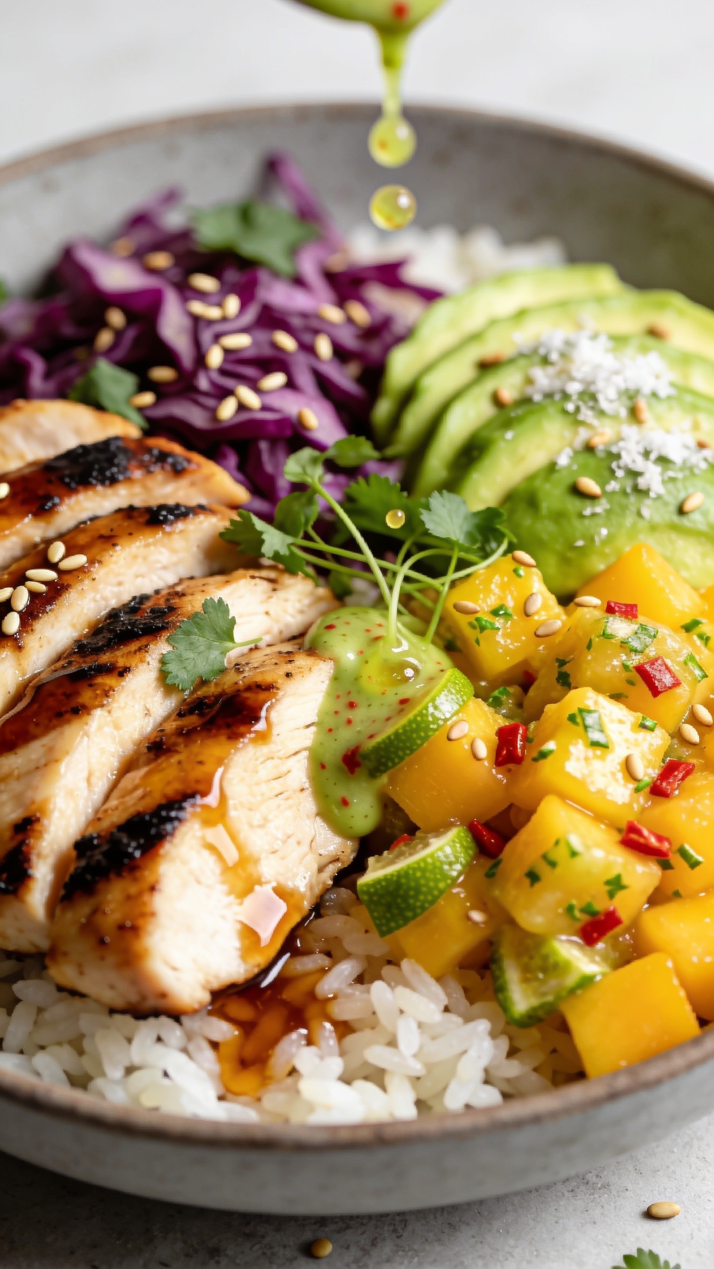 Extreme close-up, angled top-down three-quarters view of the same finished Mango Salsa Chicken Rice Bowl emphasizing textures: tight framing on the sliced charred chicken with sticky honey-lime glaze pooling slightly on the rice, chunky mango salsa sparkling with lime zest and tiny red chili bits, creamy avocado sprinkled with flaky sea salt, crisp shredded purple cabbage, and scattered cilantro leaves and toasted sesame seeds. A micro-drizzle of chili-lime crema just added, caught mid-set with a few glossy beads. Bright natural light, shallow depth of field focusing on the intersection of chicken, mango, and rice, muted neutral backdrop, premium food-blog styling, no text or people.
