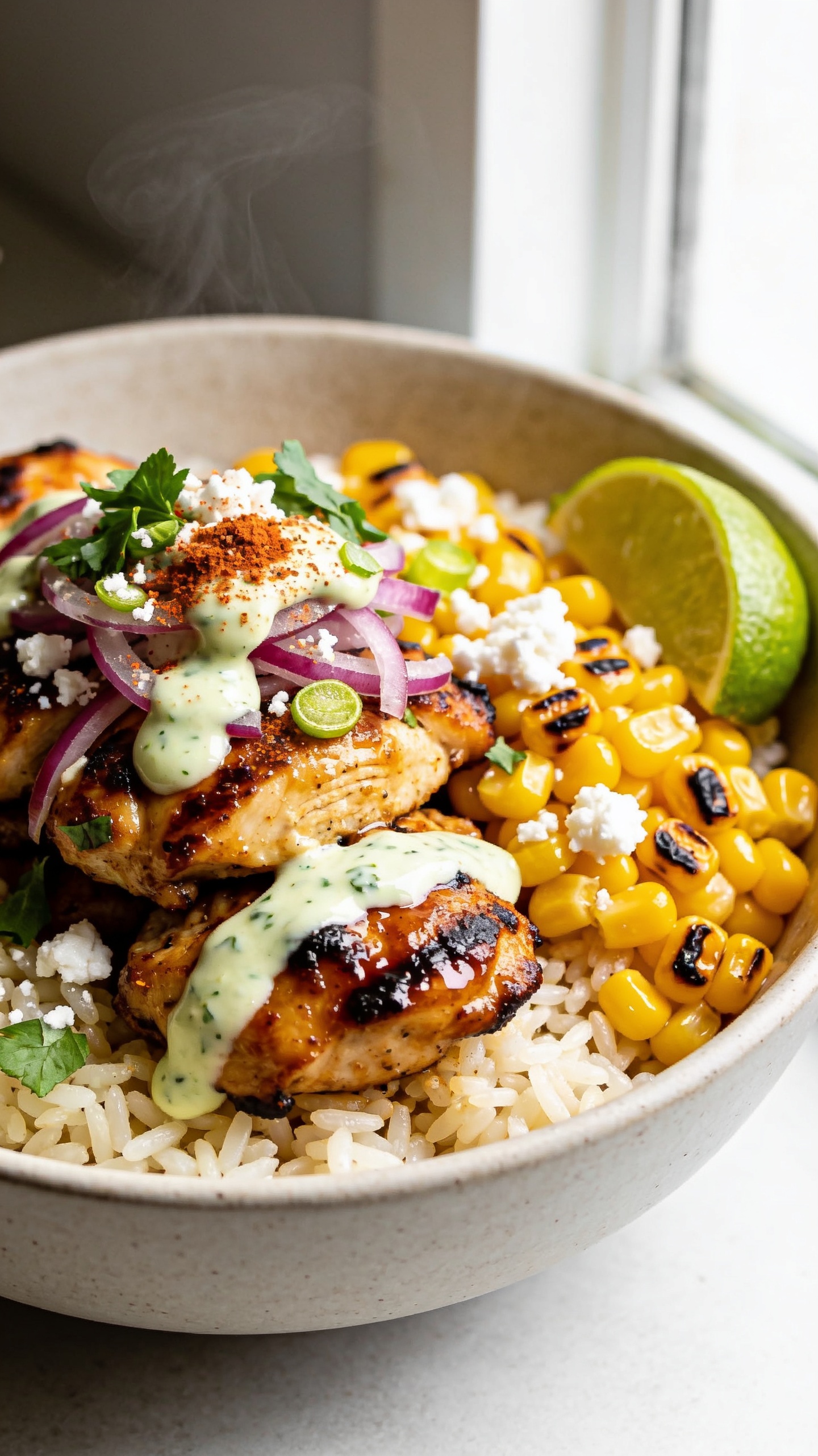 Ultra close-up hero shot of a Street Corn Chicken Rice Bowl: juicy charred chicken thigh pieces glazed with a light lime crema, piled over fluffy jasmine rice, topped with smoky charred corn, crumbled cotija, thinly sliced red onion, chopped cilantro, lime zest, and a dusting of chili powder and Tajín. A small drizzle of creamy cilantro-lime crema glistens over the chicken and corn, with a lime wedge tucked at the edge for color. Bright natural window light from the side, shallow depth of field, vibrant yellows from the corn, golden-brown sear on the chicken, glossy crema highlights, and steam faintly rising. Premium food-blog styling in a neutral ceramic bowl; the food fills 90–95% of the frame.