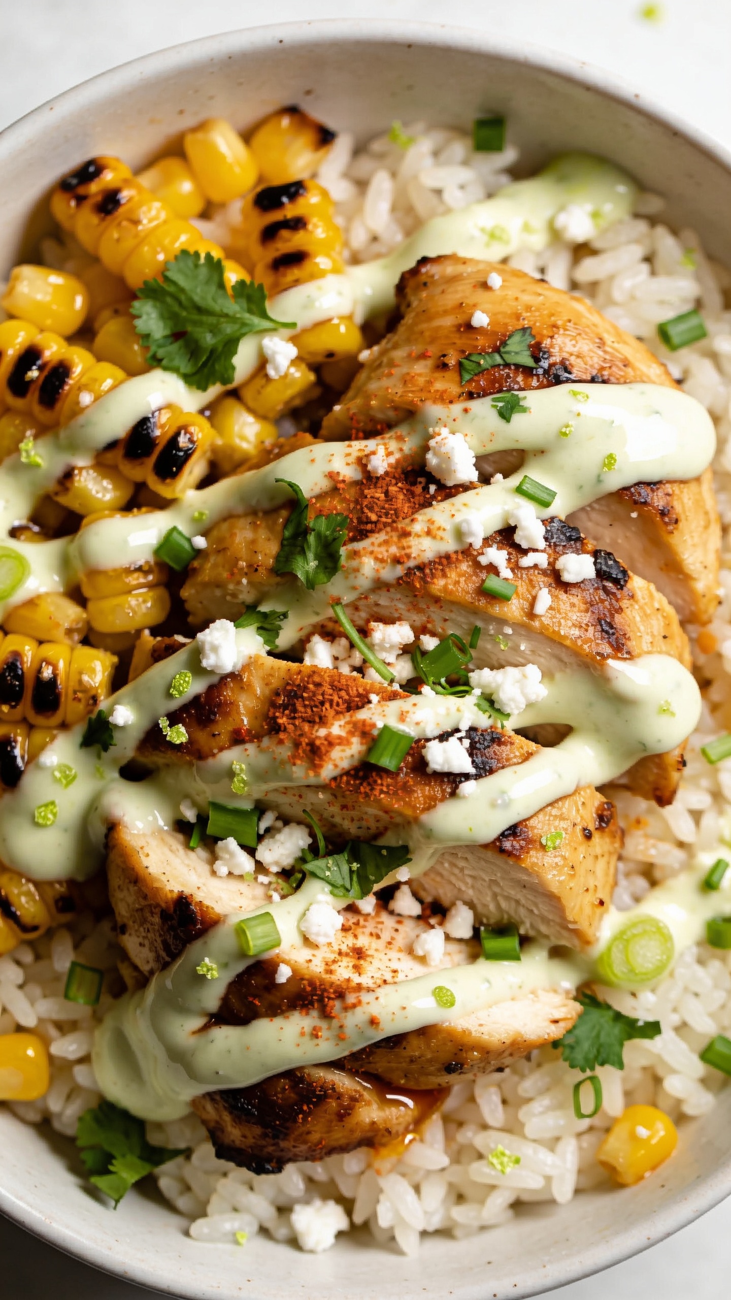 Extreme close-up angle from slightly overhead, emphasizing textures: golden-brown seared chicken thigh slices nestled into fluffy jasmine rice, kernels of deeply charred street corn, creamy cilantro-lime crema swirled in glossy drizzles, crumbled cotija pebbled across the surface, chili powder and Tajín speckling for warmth, fresh cilantro leaves and micro-chopped green onion scattered, and faint lime zest sparkle. The crema catches light in tiny pearls, rice grains defined, and chicken juices glisten at the edges. Bright natural lighting, shallow depth of field, food filling 90–95% of the frame, premium clean ceramic bowl background blurred for a cohesive, irresistible look.