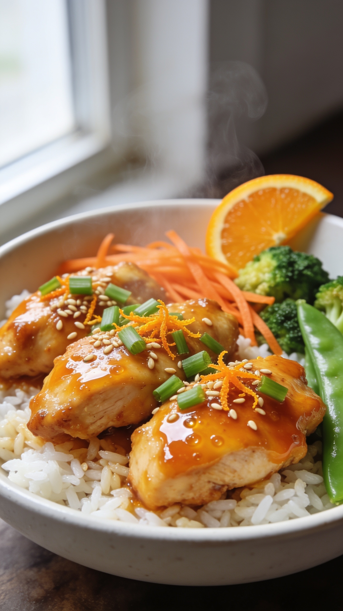 Extreme close-up hero shot of a glossy Orange Chicken Rice Protein Bowl in a matte white, shallow bowl: crisp, golden-brown chicken thigh pieces lacquered in a bright, sticky orange glaze with visible micro-bubbles; fluffy white jasmine rice underneath; thin ribbons of crunchy carrot, tender-crisp broccoli florets, and snap peas tucked alongside; garnished with freshly sliced green onions, toasted sesame seeds, and fine orange zest. A small orange wedge sits at the rim for color harmony. Bright natural window light from the left, gentle bounce fill on the right, shallow depth of field with the front chicken pieces razor-sharp and background softly blurred. Sauce sheen and steam subtly visible, vibrant citrus-orange tones contrasting with emerald greens and pearly rice. Premium food-blog styling, 90â95% frame filled with food, no hands, no text.