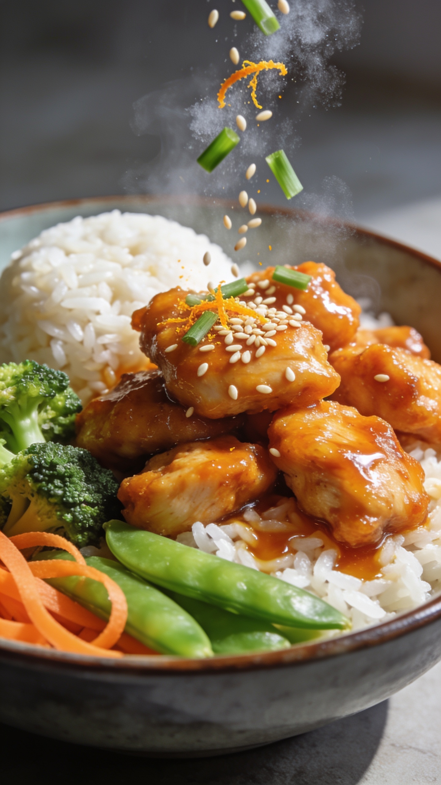 Ultra close-up side angle emphasizing textures and color: tight crop on the bowl showing a mound of jasmine rice partially hidden beneath clusters of crisp orange-glazed chicken; glaze pooling lightly in the rice valleys; broccoli florets and snap peas with a fresh squeak of green; carrot ribbons adding contrast. Freshly toasted sesame seeds and finely sliced green onions âfrozenâ mid-fall onto the chicken, with a hint of orange zest sprinkled. Bright natural backlight to highlight gloss and steam, shallow depth of field focusing on the front chicken pieces and sesame seeds in midair. 90â95% frame filled with food, cohesive styling to match the hero image, no text, no people.