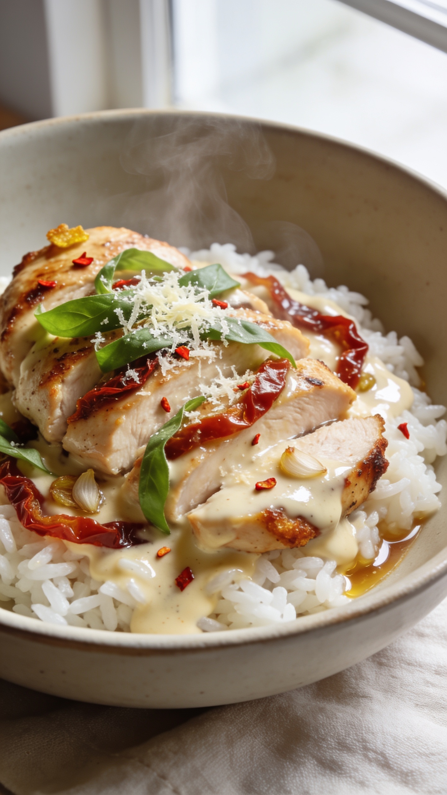 Ultra close-up hero shot of a âMarry Me Chickenâ rice bowl: juicy seared chicken thighs sliced into thick pieces over fluffy white rice, all smothered in a glossy, velvety parmesan cream sauce with ribbons of sun-dried tomatoes and flecks of sautĂŠed garlic. Fresh basil ribbons and a light snow of micro-grated parmesan scattered on top, tiny red chili flakes for a subtle kick, and a few golden crispy edges on the chicken. Steam gently rising, sauce pooling into the rice so individual grains glisten. Shot in bright natural window light, shallow depth of field, neutral matte ceramic bowl on a light linen, minimal props, food filling 90â95% of the frame, rich warm tones and premium food-blog styling.