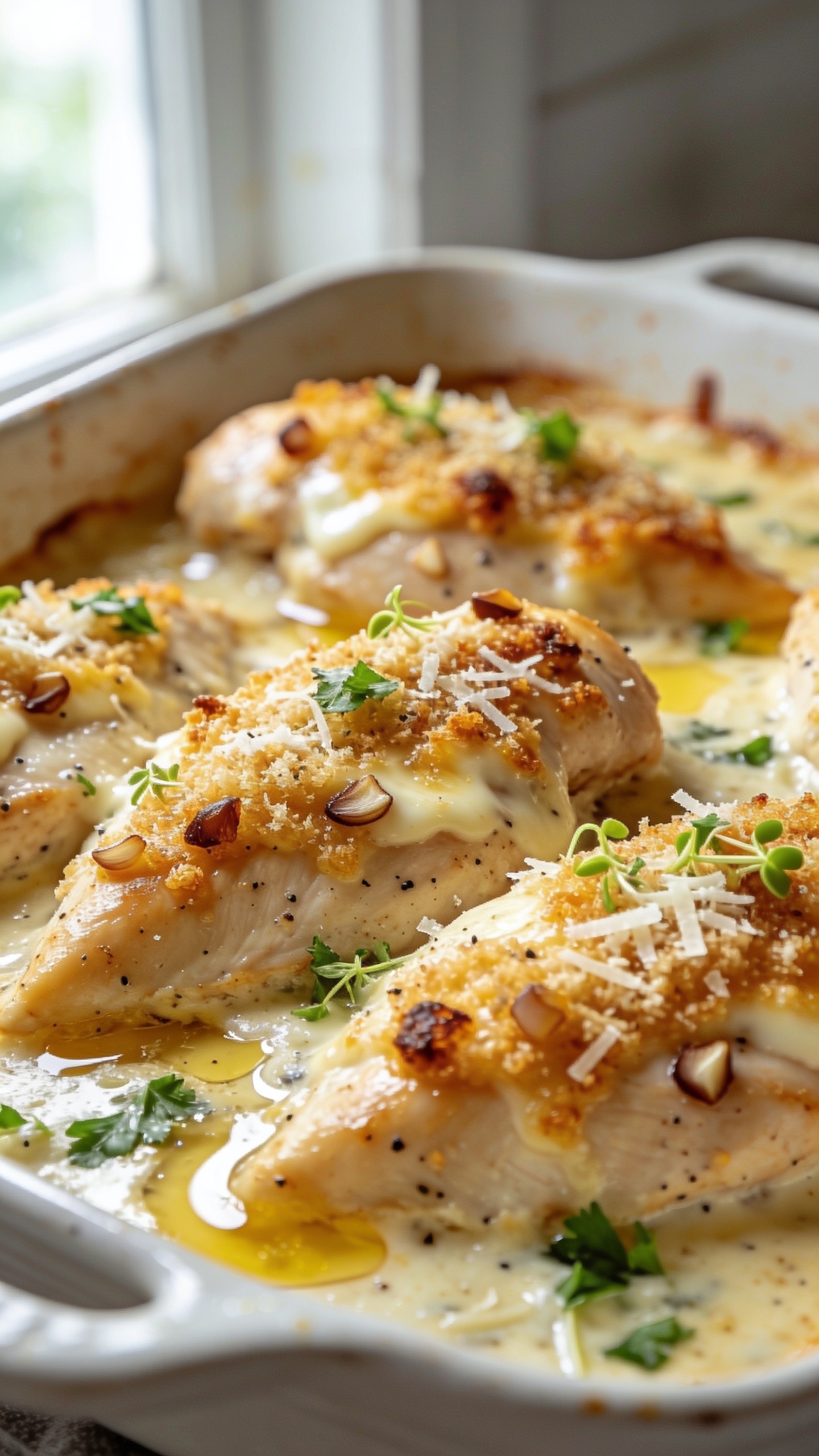 Ultra-close hero shot of a Garlic Parmesan Chicken Bake just out of the oven in a white ceramic baking dish: thick, juicy chicken breasts nestled in a creamy garlic-parmesan sauce, topped with a golden, bubbly crust of broiled Parmesan and mozzarella with crisped edges, tiny browned garlic bits, and flecks of black pepper. Freshly chopped parsley and micro-grated Parmesan are scattered over the top, with glossy butter-garlic juices pooling around the chicken. Bright natural window light from the left, shallow depth of field focusing on the front piece of chicken, soft bokeh in the background with a hint of the baking dish rim. Food fills 90–95% of the frame, textures glistening and irresistible.