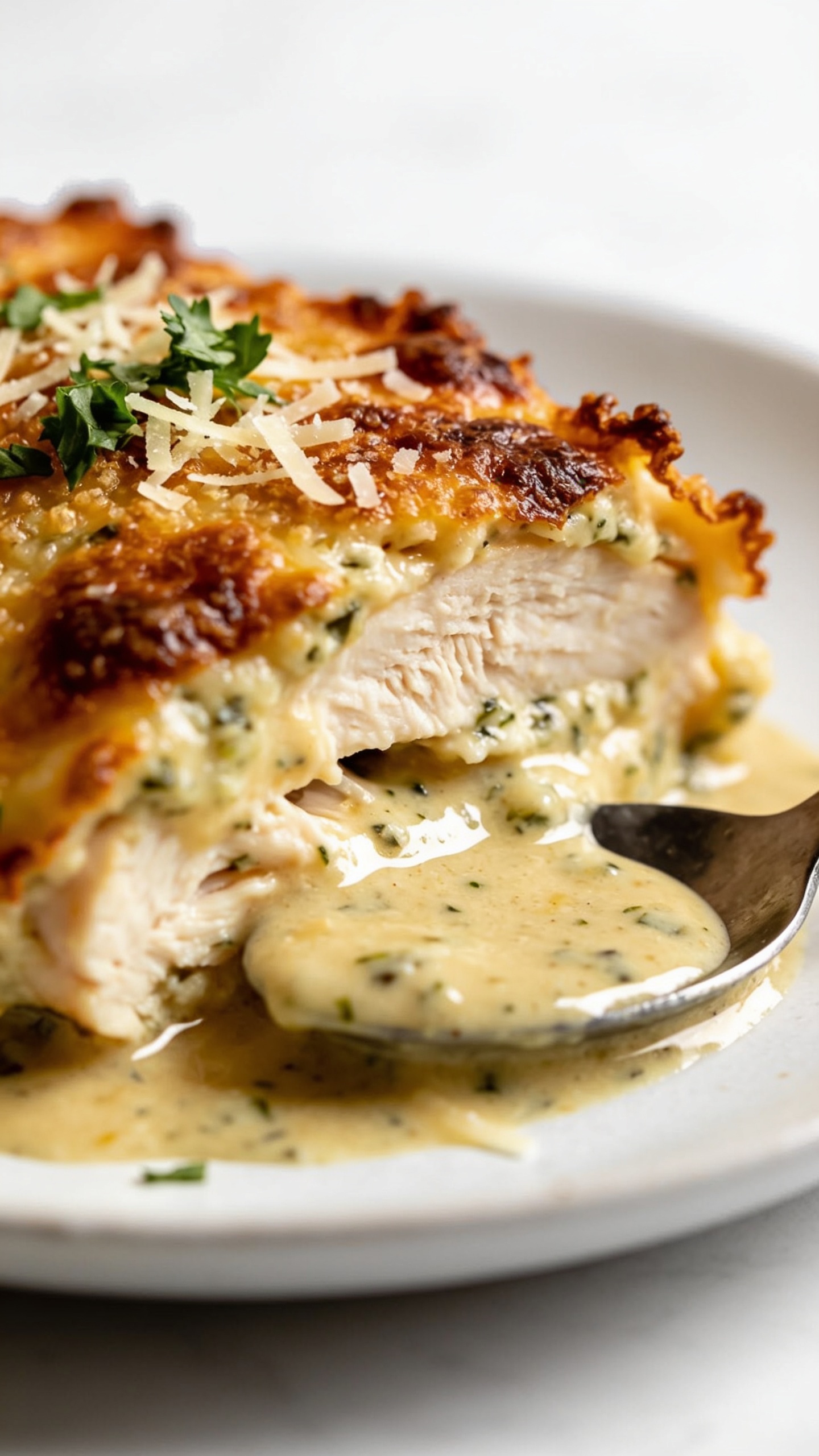 Extreme close-up angle from the side of a single plated portion of the same Garlic Parmesan Chicken Bake: cross-cut showing ultra-juicy chicken fibers beneath the thick, garlicky, creamy parmesan layer, with the top browned to a deep golden and edges slightly frilled and crisp. A spoonful of the glossy garlic-parmesan sauce is pooled under the chicken, catching highlights; micro shavings of Parmesan and a sprinkle of fresh parsley on top. Bright natural lighting, shallow depth of field with emphasis on the crispy-cheesy edge and moist interior, food dominating 90–95% of the frame in a premium food-blog style.