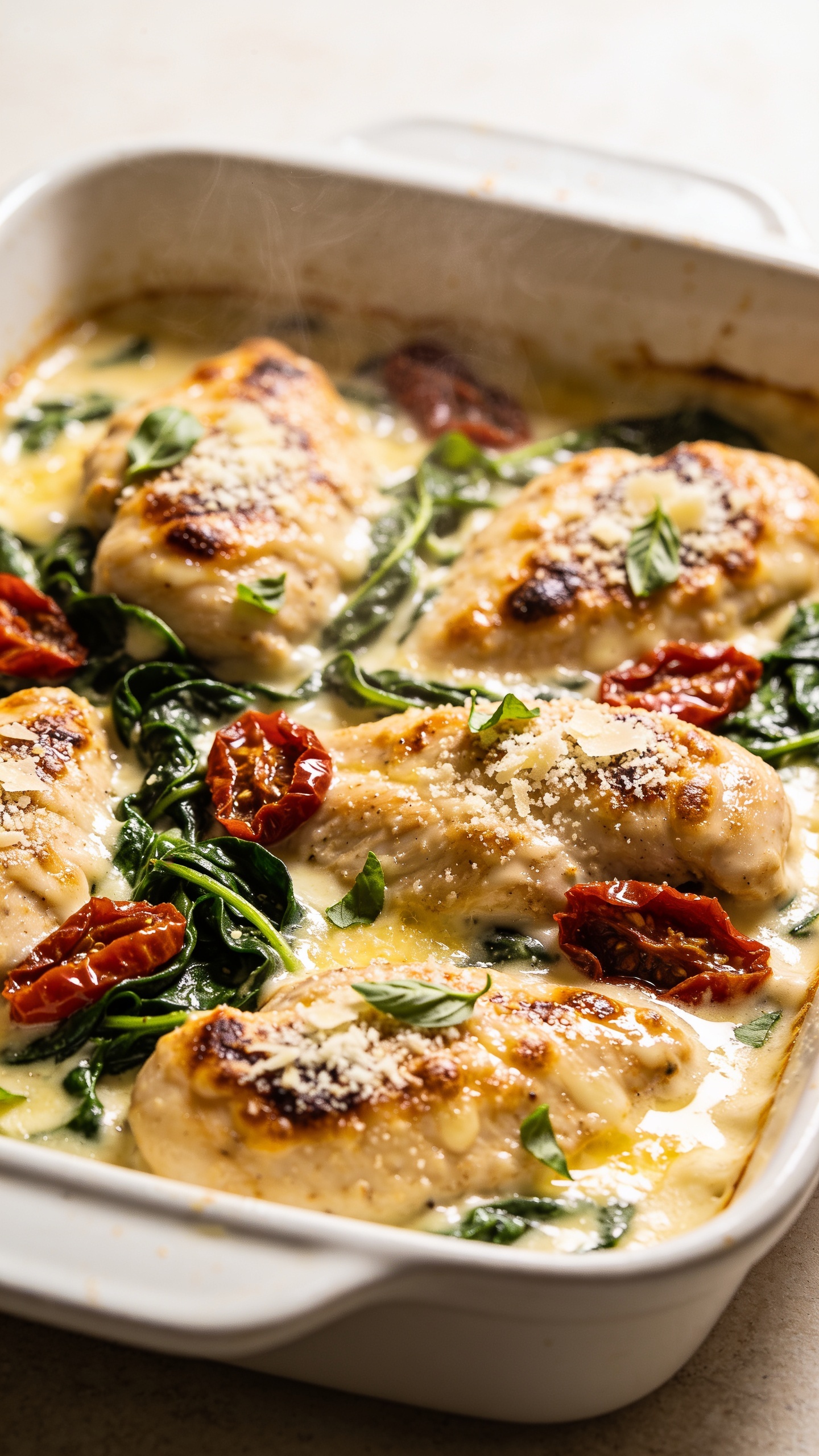Ultra-close hero shot of a Creamy Tuscan Chicken Casserole just out of the oven: golden, bubbly cream sauce pooling around juicy seared chicken pieces in a white enamel baking dish, ribbons of wilted spinach, sliced sun-dried tomatoes, and blistered parmesan on top with faint browned cheese edges; glossy sauce clinging to the chicken, light dusting of freshly grated parmesan and scattered torn basil; bright natural side light, shallow depth of field, casserole filling 90–95% of frame, subtle steam rising, warm neutral background, premium food-blog styling.