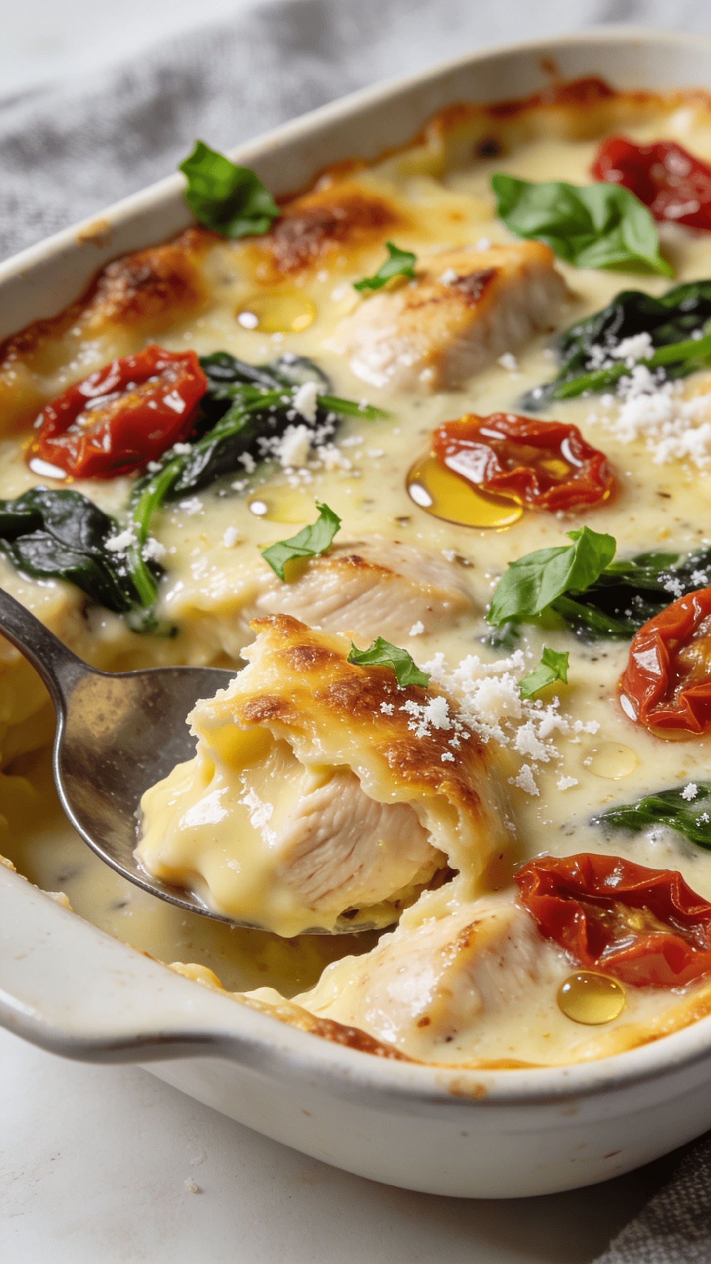 Macro close-up from a low 3/4 angle of a spooned section in the corner of the same casserole: caramelized cheese crust giving way to creamy interior, juicy chicken pieces nestled in a garlicky, white-wine parmesan sauce studded with sun-dried tomatoes and wilted spinach; micro-beads of oil from the tomatoes shimmering on the surface, fresh basil confetti and extra-fine parmesan snow lightly scattered; bright natural sidelighting highlighting glossy textures, shallow depth of field, food filling 90–95% of frame, clean neutral surface and soft linen blur in the background.
