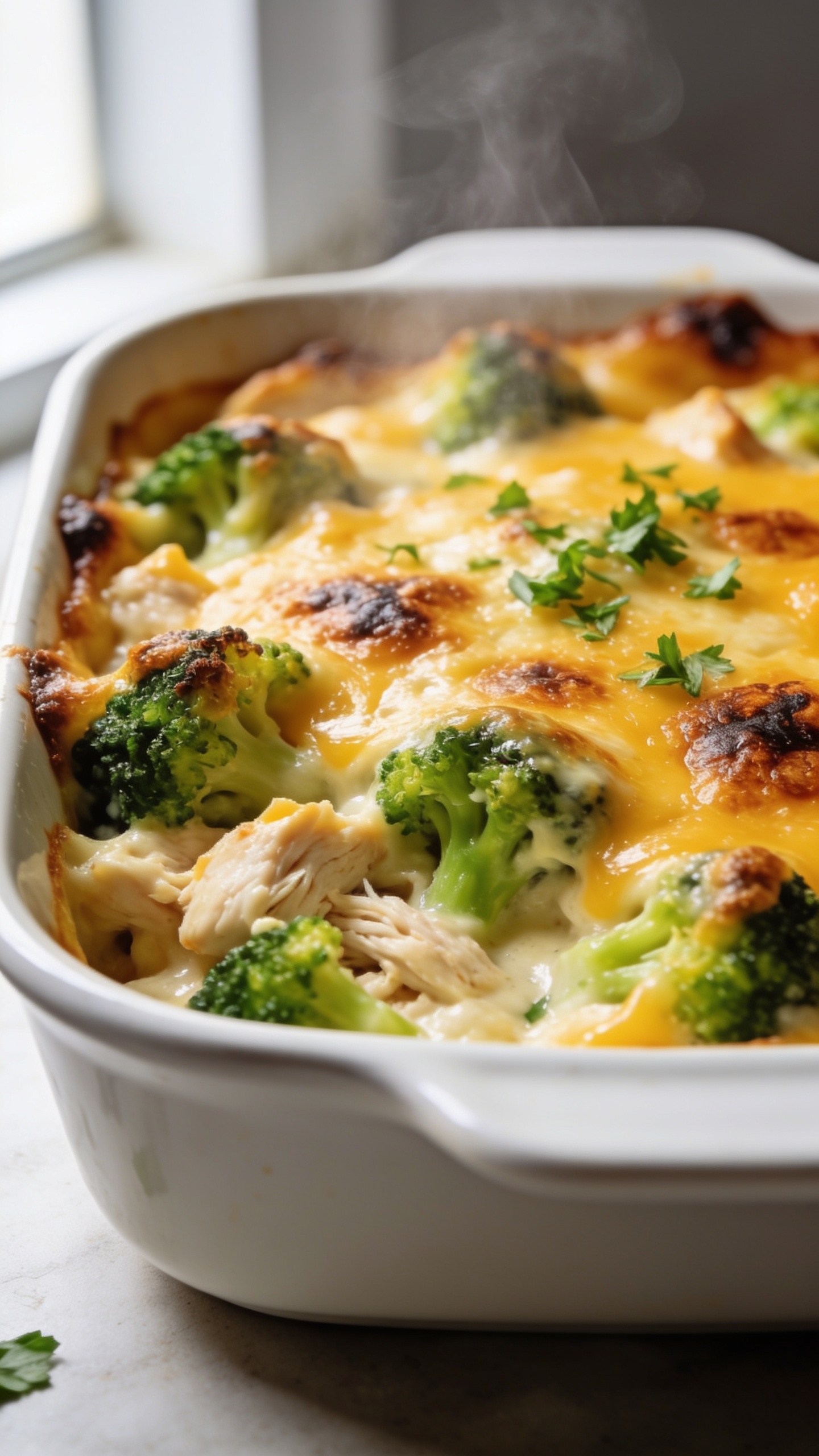 Ultra close-up hero shot of a freshly baked high-protein chicken broccoli cheddar casserole in a white enamel baking dish, 90–95% of frame filled with the casserole. Golden-brown, bubbly cheddar melted across the top with a few darker, crispy cheese blisters at the edges, creamy sauce just visible between chunks of juicy shredded chicken and bright green, crisp-tender broccoli florets. A light sprinkle of finely chopped fresh parsley adds contrast. Bright natural window light from the left, shallow depth of field with the front corner tack-sharp and the background softly blurred. No text, no hands, no utensils, premium food-blog styling with subtle steam rising to suggest heat.