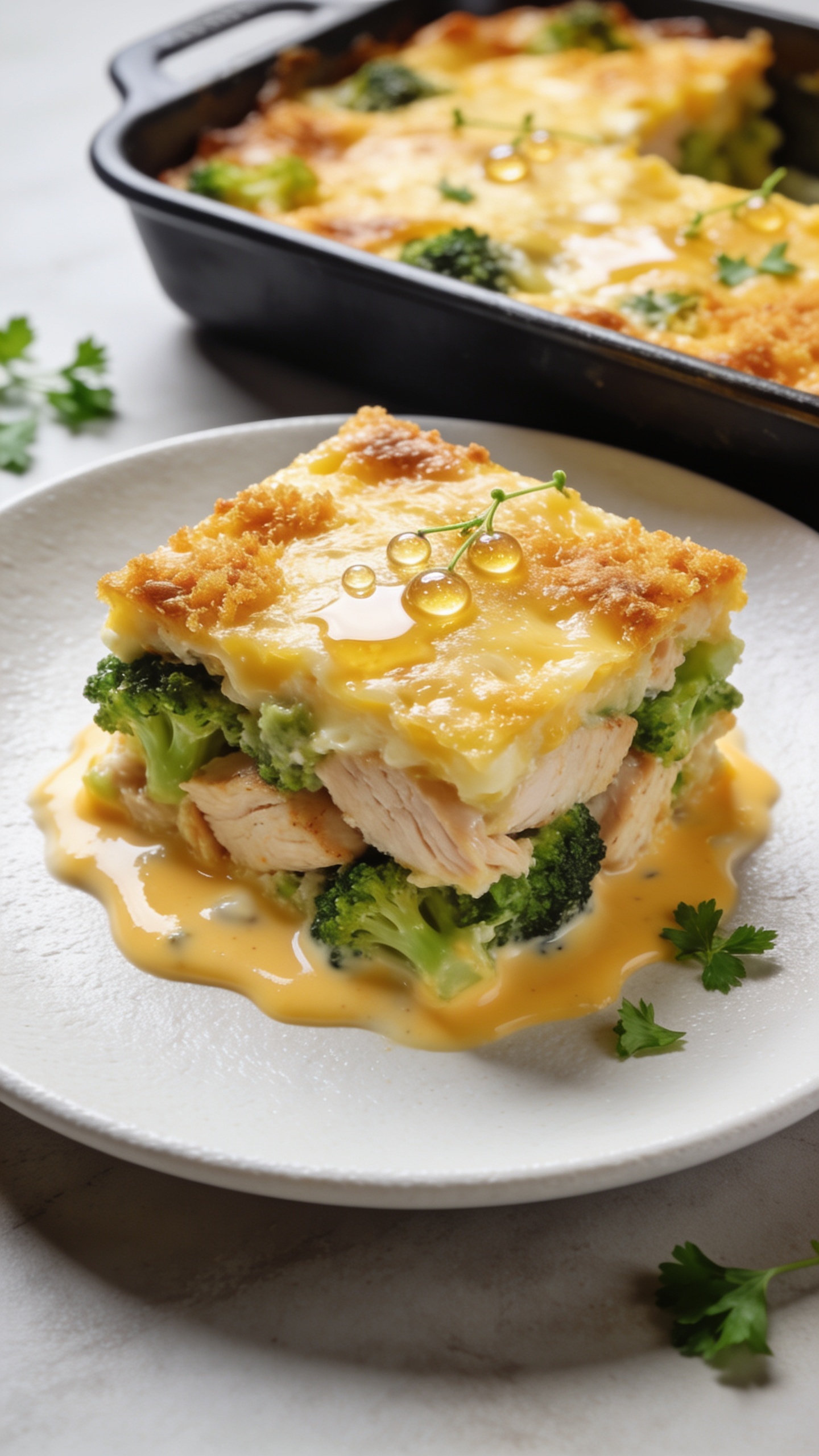 Tight overhead-to-45-degree angle close-up of a neatly scooped square serving of the same casserole on a matte white plate set right beside the baking dish to keep visual continuity. The serving shows distinct layers: juicy chicken, vibrant broccoli, and creamy cheddar-yogurt sauce pooling slightly at the base, with golden, crispy cheese crust on top. A few micro-beads of glossy sauce glint in the light, fresh parsley scattered lightly. 90–95% of frame filled with the plated portion and the edge of the casserole dish, bright natural light, shallow depth of field, rich textures emphasized, no text, no hands, premium food-blog aesthetic.