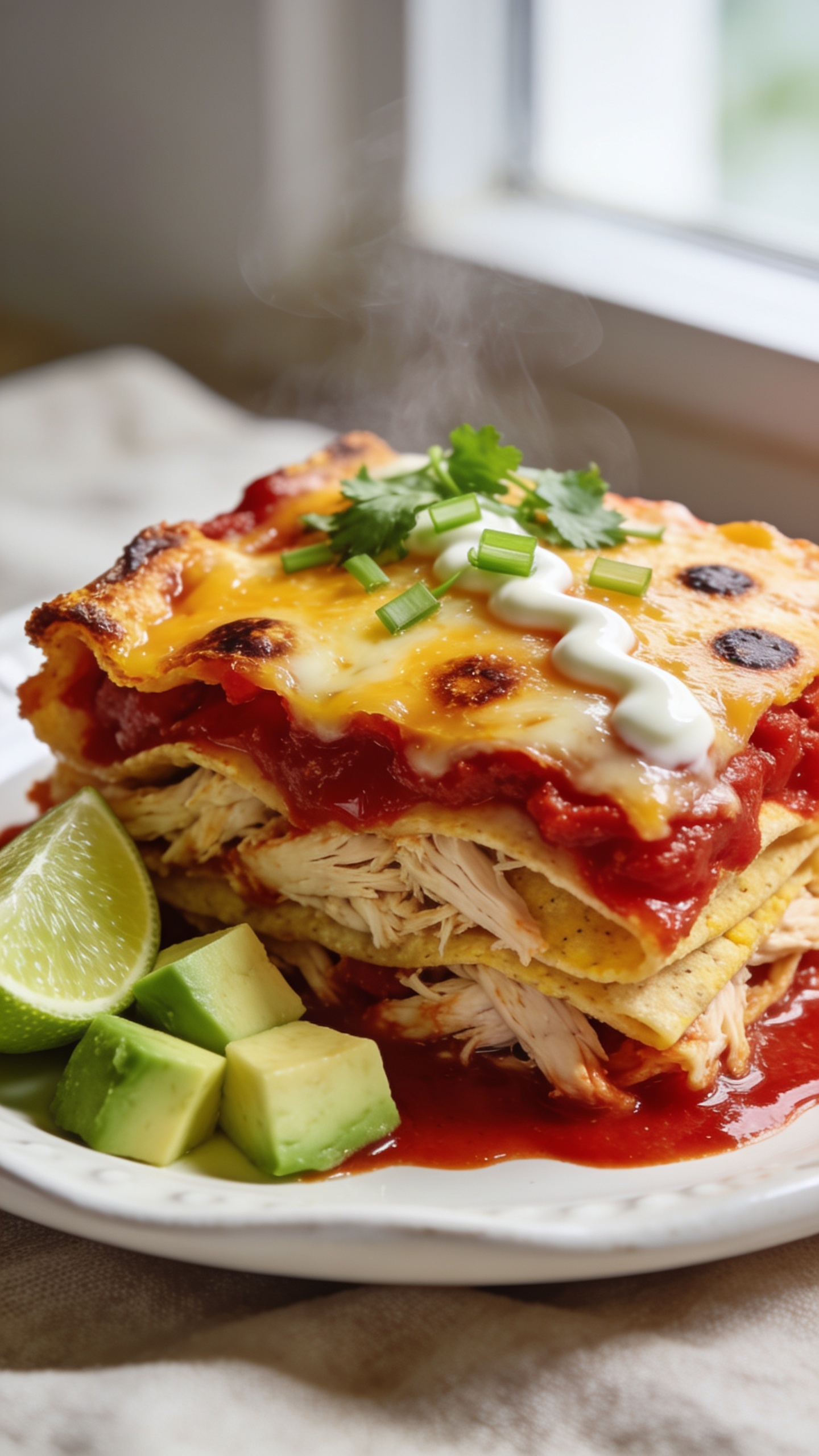 Ultra-close hero shot of a high-protein chicken enchilada casserole slice just lifted onto a white ceramic plate, filling 90–95% of the frame. Layers clearly visible: tender shredded chicken, soft corn tortillas, rich red enchilada sauce, and a golden, bubbly top of melted reduced-fat cheddar and Monterey Jack with light charred spots. Glossy sauce pooling slightly at the base, crispy cheese edges, and a sprinkle of fresh chopped cilantro and thinly sliced green onions on top. A small drizzle of tangy crema zigzagged over the slice, with a wedge of lime and a few avocado cubes tucked beside for color cohesion. Bright natural window light from the side, shallow depth of field, soft bokeh background of a neutral linen. Premium food-blog styling, vibrant reds, greens, and golden browns, steam subtly rising to hint at heat.