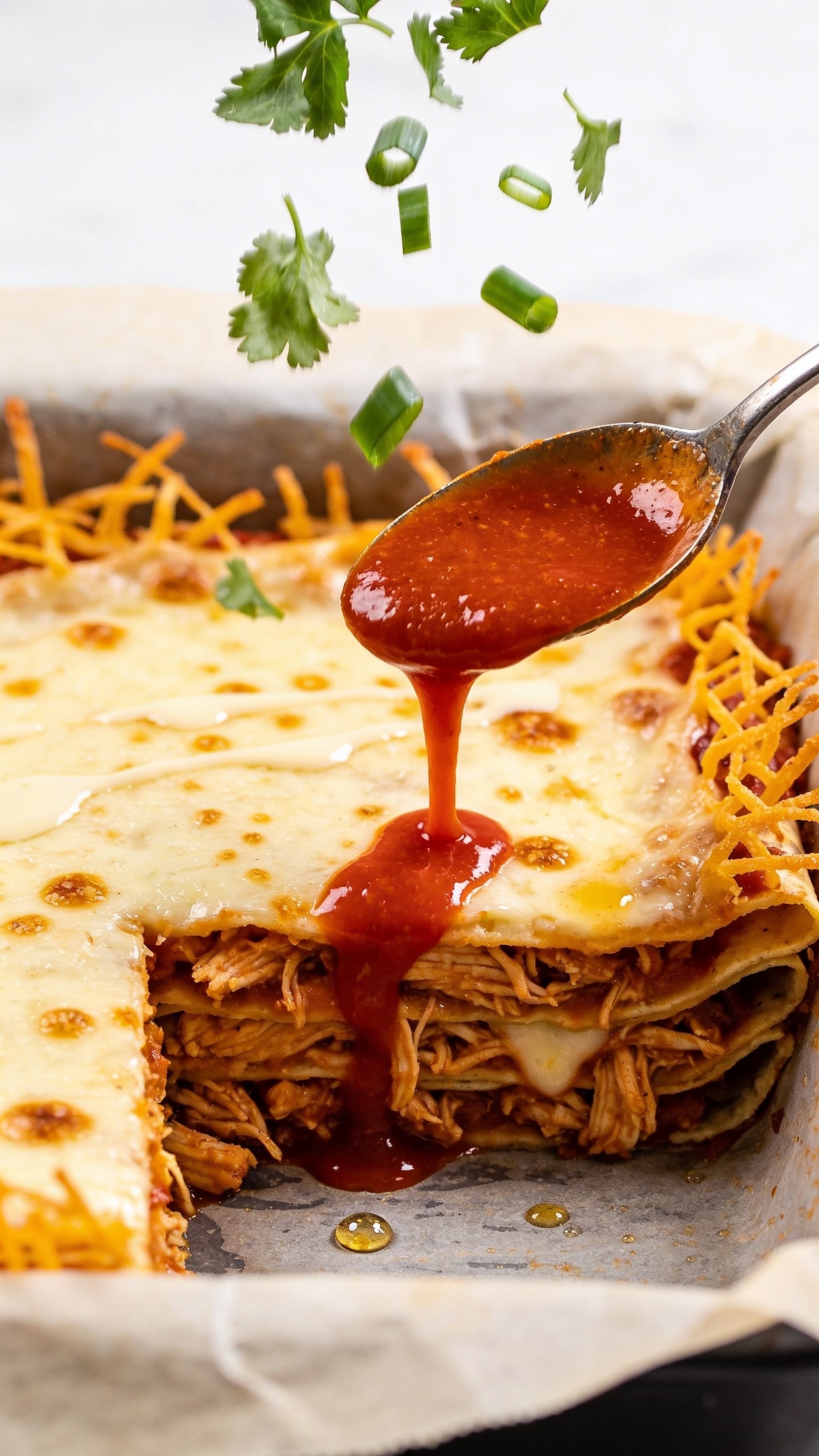 Macro overhead-angled close-up of the casserole still in a parchment-lined baking dish, a clean square portion removed to reveal tidy layered edges: tortillas, saucy shredded chicken, and molten cheese with bronzed bubbles. A spoonful of warm red enchilada sauce has just been spooned over the exposed surface, caught mid-pour in a thin glossy ribbon, while a gentle shower of freshly chopped cilantro and green onion falls from above, frozen in the air. Visible crispy cheese frills at the cut edges, tiny beads of oil glinting on the sauce, light crema drizzle on the remaining top. Bright natural light, shallow depth of field, minimal props, vibrant colors, 90–95% food in frame.