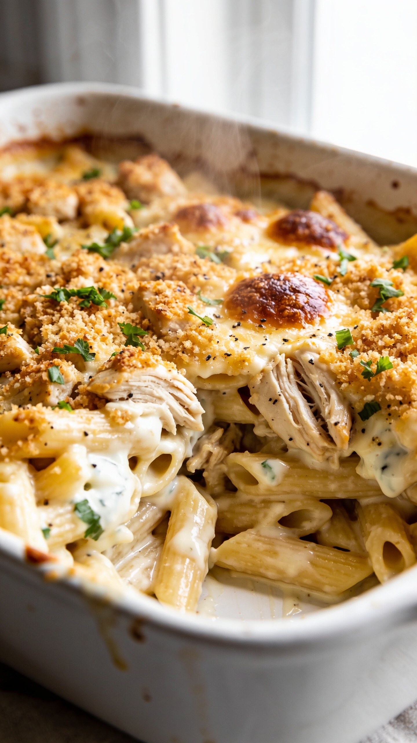 Ultra-close hero shot of a high-protein chicken alfredo casserole just out of the oven, filling 90–95% of the frame: penne made with high-protein pasta cloaked in glossy, creamy Alfredo sauce enriched with Greek yogurt, generous chunks of juicy shredded rotisserie chicken breast, a deeply golden-brown crispy Parmesan-panko top with a few browned, bubbly cheese blisters, and flecks of freshly cracked black pepper. Steam rises softly. A scattering of finely chopped fresh parsley adds vibrant green contrast. Served in a white enamel baking dish with slightly browned sauce edges; one clean corner scoop removed to reveal the lush, saucy interior and tender pasta. Bright natural window light from the side, shallow depth of field, premium food-blog styling, neutral background to keep the casserole the star.