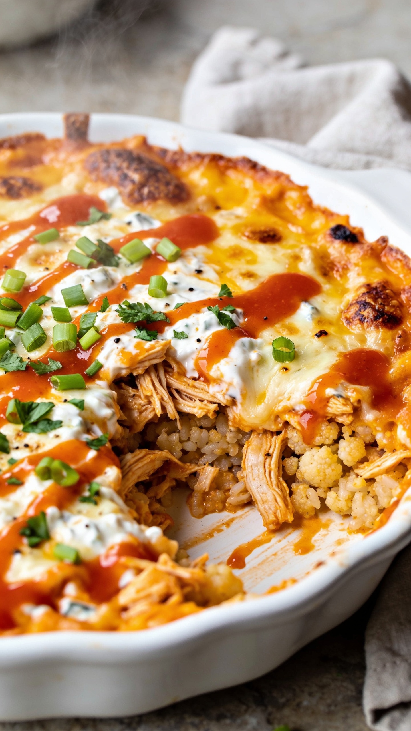 Ultra-close hero shot of a high-protein buffalo chicken casserole in a white enamel baking dish, filling 90–95% of the frame. Juicy shredded chicken and tender cauliflower rice layered in a creamy Greek-yogurt base, swirled with vibrant orange-red buffalo sauce and lightly broiled melted mozzarella and cheddar on top, with crispy browned edges and tiny charred cheese blisters. Garnished with finely sliced green onions and a light scatter of chopped fresh parsley, with a drizzle of glossy buffalo sauce and a few visible flecks of black pepper. Bright natural side lighting, shallow depth of field, soft linen napkin and a neutral stone surface barely visible in the blurred background, premium food-blog styling, steam subtly rising.