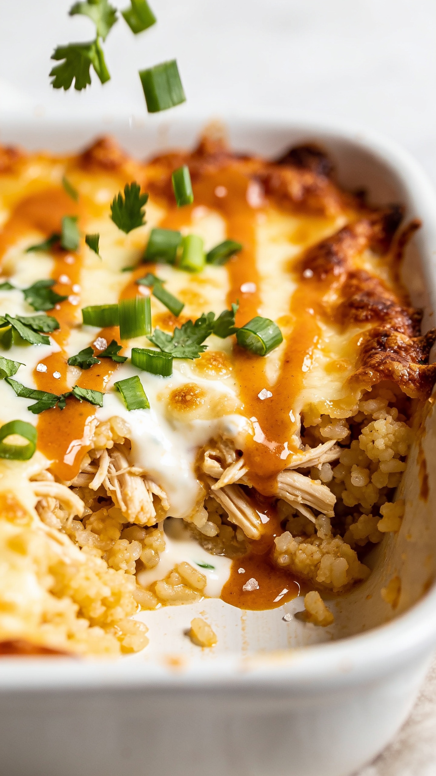 Tight macro angle from the corner of the same white baking dish, emphasizing textures: crispy, caramelized cheese edges, creamy yogurt-based sauce pooling slightly between shredded chicken and cauliflower rice, and streaks of shiny buffalo sauce. A delicate shower of freshly chopped green onions and parsley appears mid-fall, captured in motion over the casserole surface. Tiny cheese blisters, glossy highlights on the sauce, a few coarse salt crystals visible. Bright natural lighting, shallow depth of field with the foreground edges tack-sharp and the background softly blurred, premium food-blog look, food filling 90–95% of the frame.