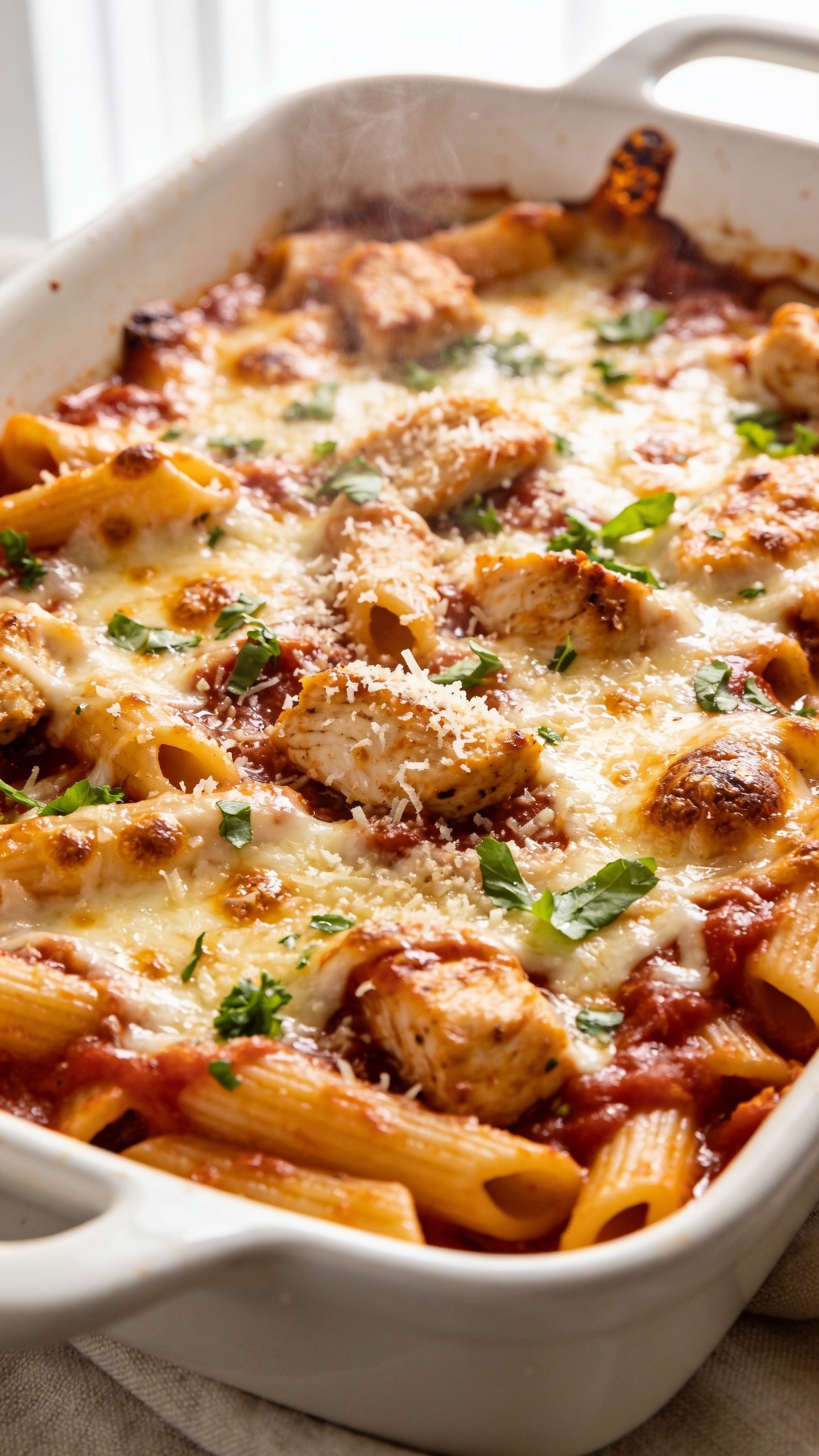 Extreme close-up hero shot of a freshly baked High Protein Chicken Parmesan Casserole in a white enamel baking dish, filling 90â95% of the frame. Golden-brown, broiled mozzarella and parmesan crust with tiny browned blisters and crispy edges; visible curls of melted part-skim mozzarella, a glossy, rich marinara clinging to high-protein penne and juicy chunks of roasted chicken breast. Flecks of bright green chopped basil and parsley scattered over the bubbly surface, a light dusting of micro-grated parmesan catching the light. A few edges show caramelized cheese crispies, steam subtly rising. Shot in bright natural window light, shallow depth of field, creamy bokeh, premium food-blog styling on a neutral linen background that barely peeks in.