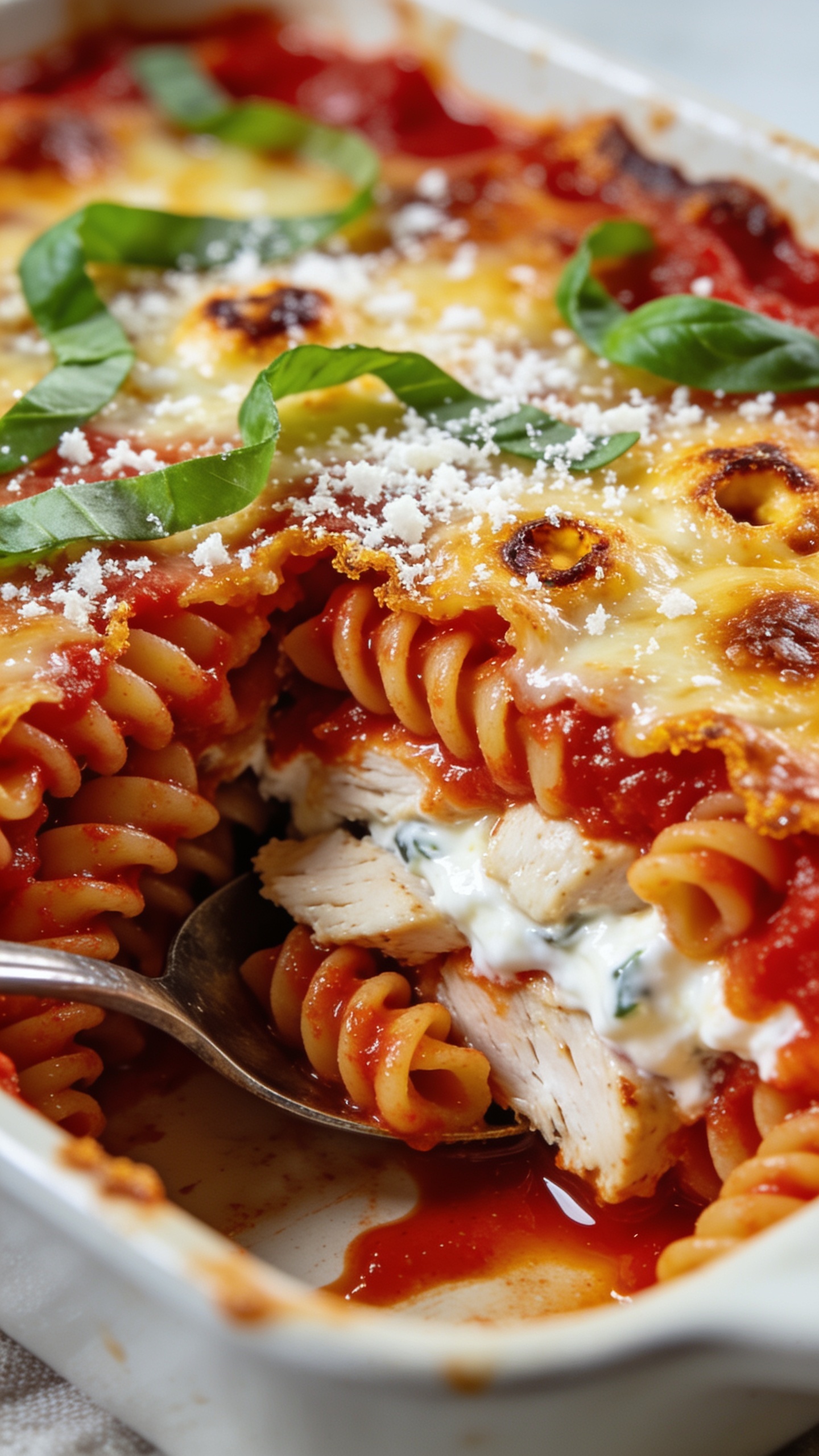 Tight angle close-up from the corner of the baking dish, showcasing a scoop mark where a serving was just lifted, revealing layers: ruffled high-protein penne swirled with marinara, juicy white chicken pieces, creamy cottage-cheese/Greek-yogurt layer melded into the sauce, and a deeply golden, crisp-cheese top. Glossy sauce pools slightly in the corner, tiny browned cheese craters and crunchy edges in sharp focus, fresh basil ribbons and a light snowfall of grated parmesan across the surface. Bright natural light, shallow depth of field, 90â95% frame filled with food, vibrant reds, greens, and golden tones.