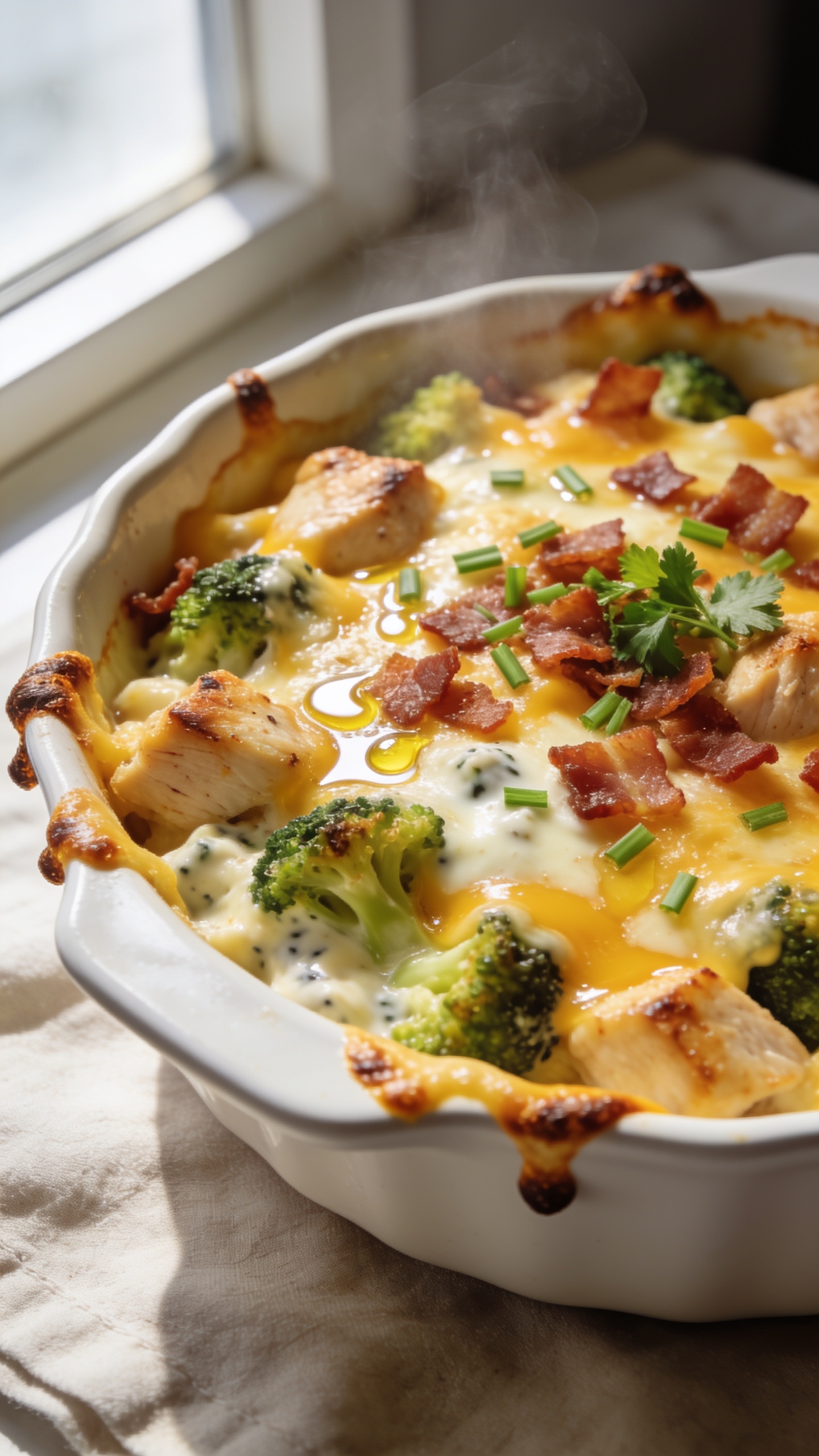 Hero image: ultra close-up, premium food-blog style shot of a freshly baked High Protein Chicken Bacon Ranch Casserole in a white ceramic baking dish. The top is golden and bubbly with melted cheddar and mozzarella, scattered with crisp bacon crumbles, seared chicken chunks, tender broccoli florets, and a creamy ranch-speckled sauce peeking through. Freshly chopped chives and parsley are sprinkled on top, with a light glisten of oil for shine. A few browned, crispy cheese edges cling to the rim. Bright natural window light from the side, shallow depth of field, steam subtly rising, neutral linen underneath, soft shadows, no text or hands. Food fills 90â95% of the frame.